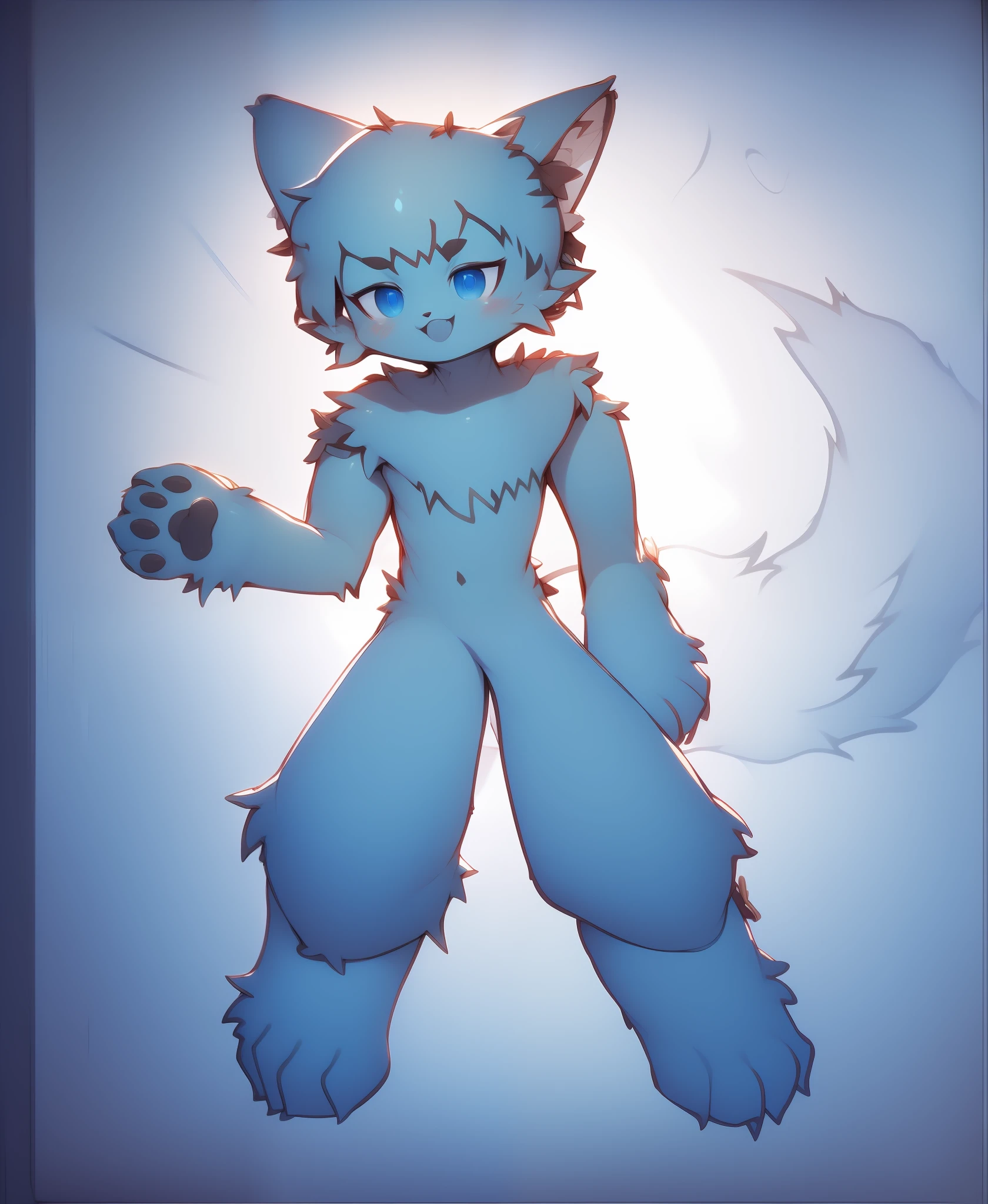 hairy pubic,Furry character, with pointy ears, hairy arms,Furry art!!!White fur,Blue hair,Big furry tail,looking at viewert,Arms spread wide。Cute furry,Lean body type,Furry Shota。