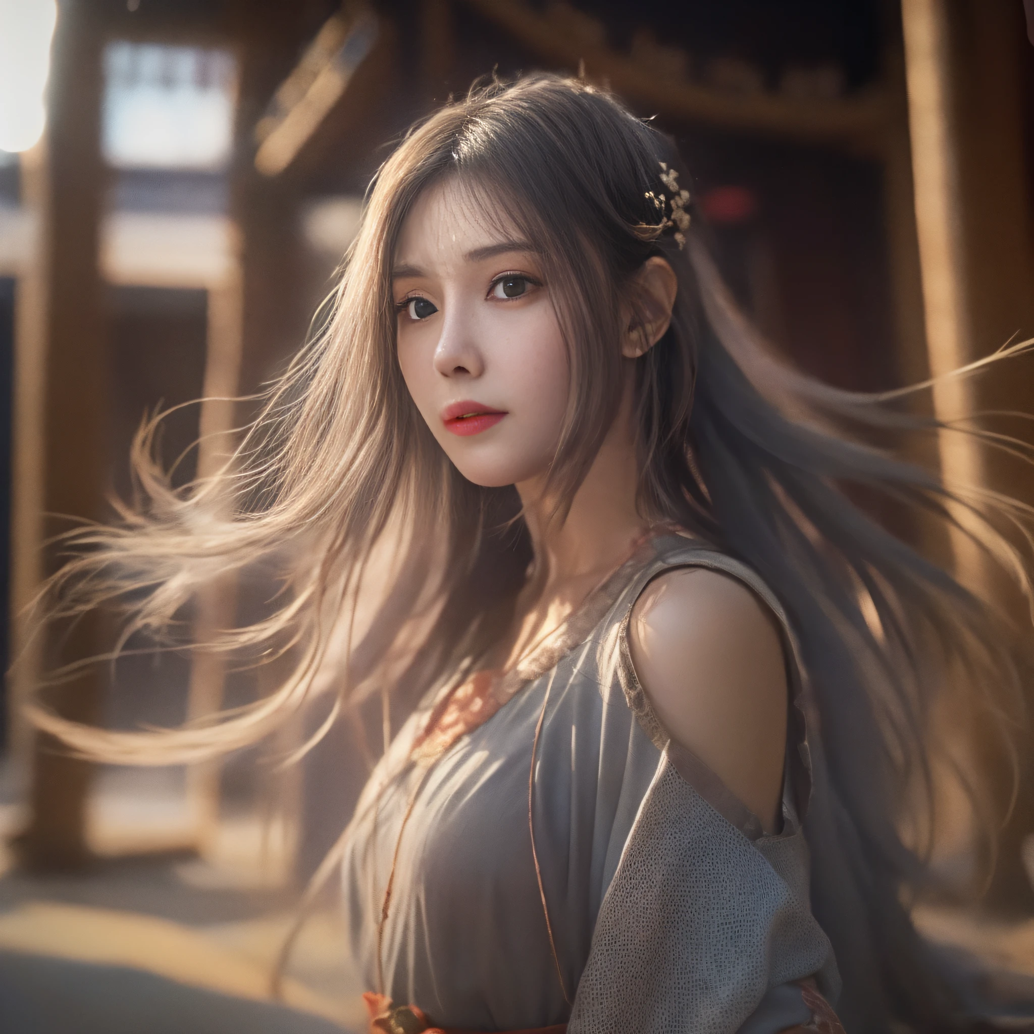 (RAW photo, Best quality), (Realistic, photo-realistic:1.3), Best quality, Highly detailed, Masterpiece, Ultra-detailed, illustration, 1girll, The upper part of the body_Body, Dynamic Angle, world mastery theater, Messy_Long_Hair,Best quality, extremely detailed CG unity 8k壁纸，ink，astounding，电影灯光，lens_flare，dunhuang_Style，flowy，Light work，Kungfu，long whitr hair，lightand shade contrast，Strong light，opulent，((Bright clothes)), swordsmen