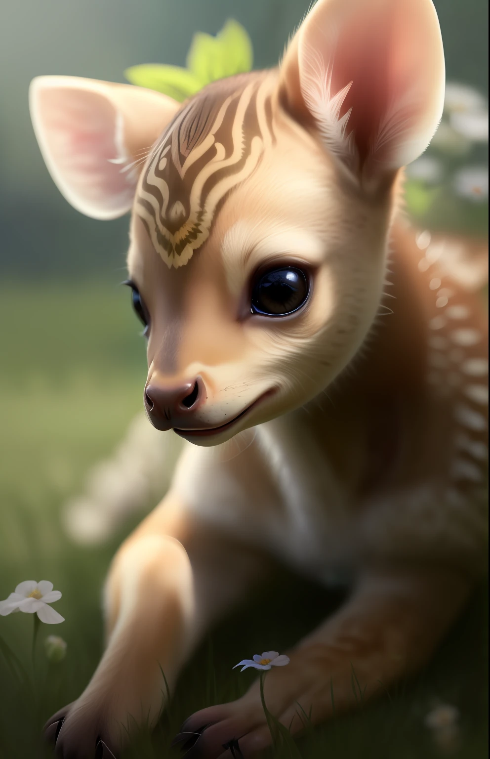 Beautiful flowers on meadow surrounding a cute baby fawn, 8k resolution concept art (intricate details: 1.2), beautiful eyes, sunlight, (high quality: 1.2), trends on artstation, 8k, absurd, chibi, very detailed fur, (close-up: 1.1)