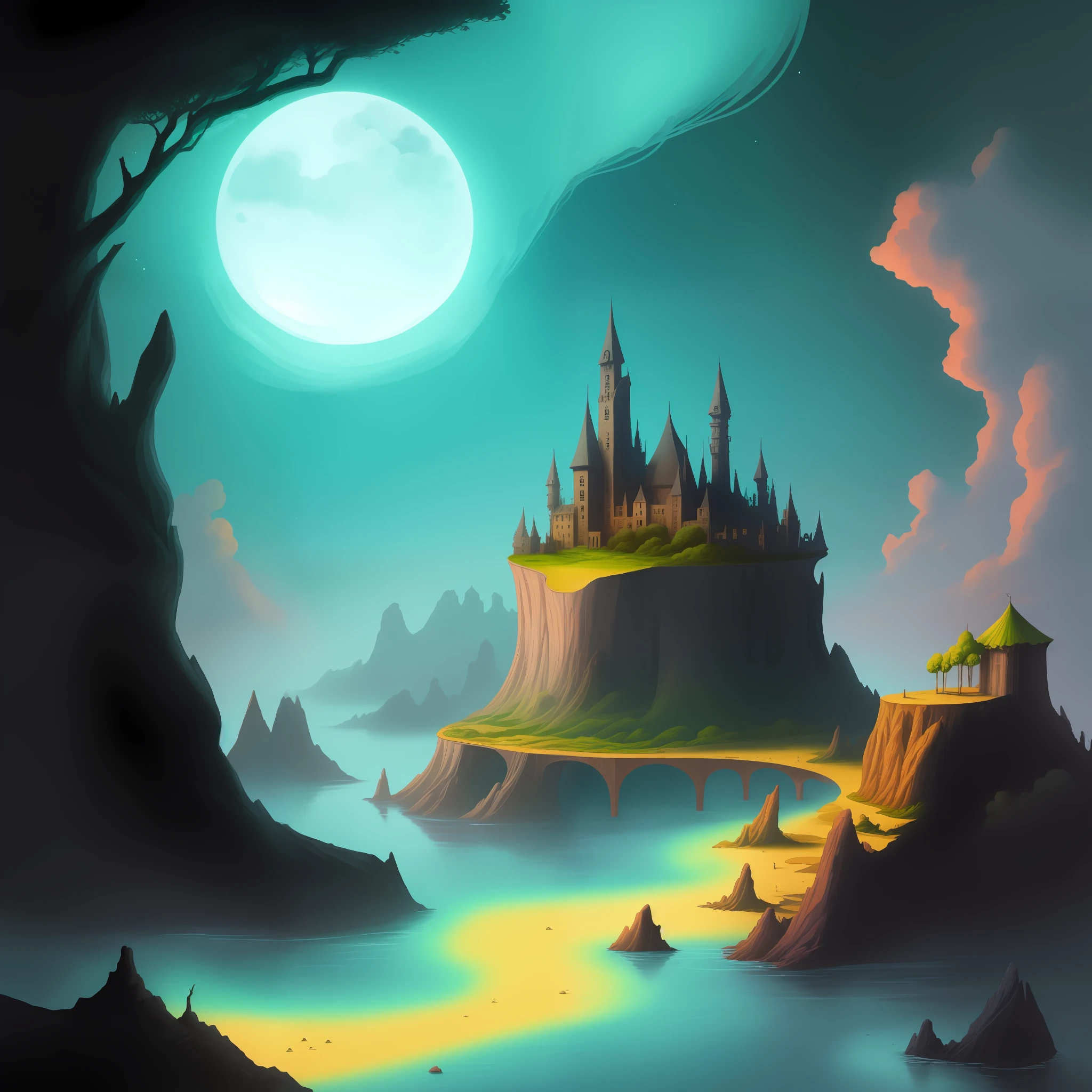Uma sombre cobrindo uma paisagem colorida para livro infantil