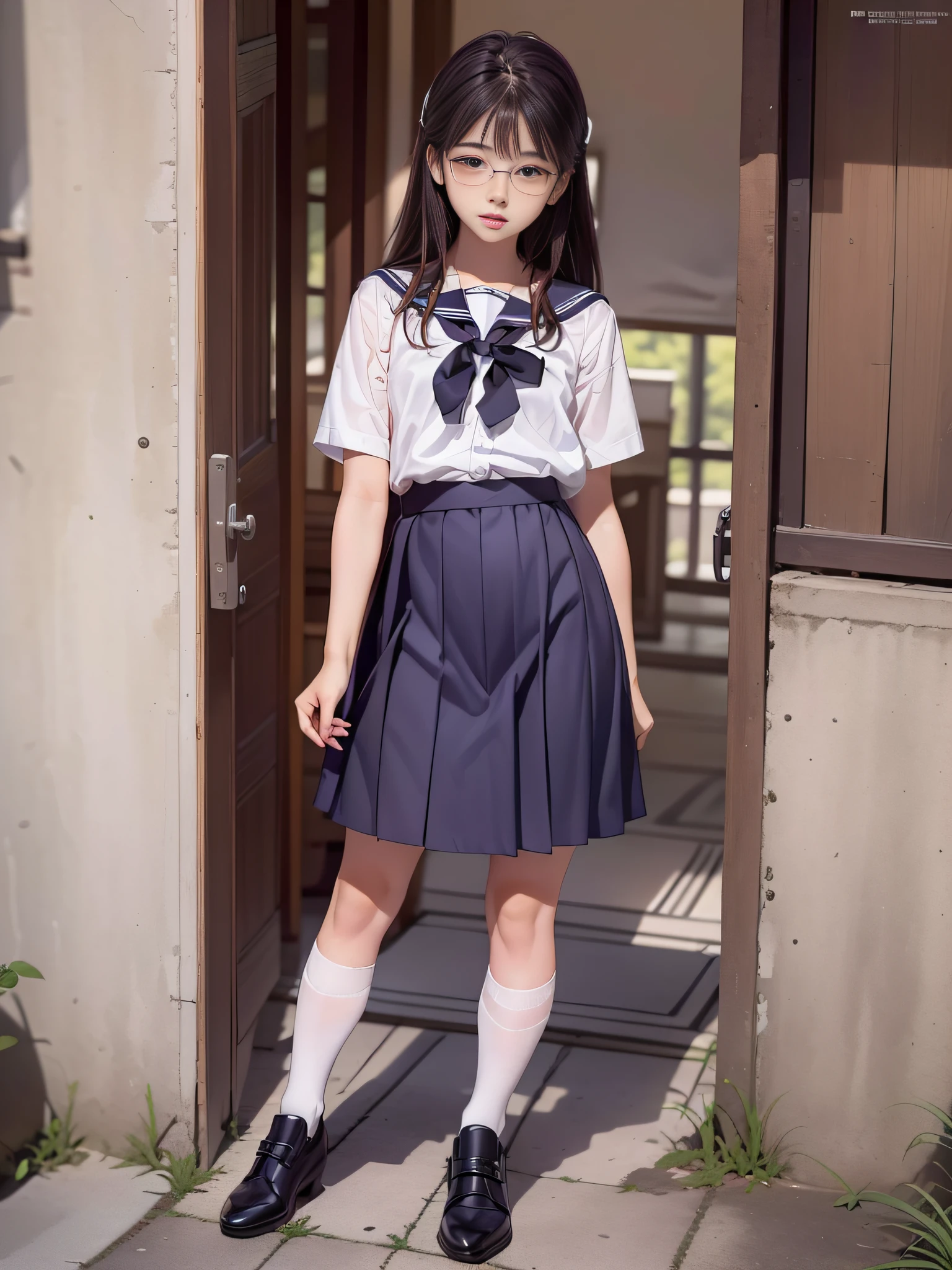 (Skirt Lift by Yourself: 1.5)), (Long Skirt: 1.5),Mature Face, Small Head, Japan School Uniform, Japan School Uniform, 80s Japan Pictures, Japan Girl Uniform, Sailor Suit,Black Sailor Suit,Pleated Skirt,Glasses,1 Girl, Small, Thin Legs, Woman 1 Person, 24 Years Old Girl,Solo, Feeling Face, Nasty Expression, White Skin, Soft Lips, full body portrait, slim figure, delicate face, cute face, beautiful detailed girl, very detailed eyes and face, beautiful detailed eyes, abandoned house, raw photo, light makeup, thin eyebrows, long hair,