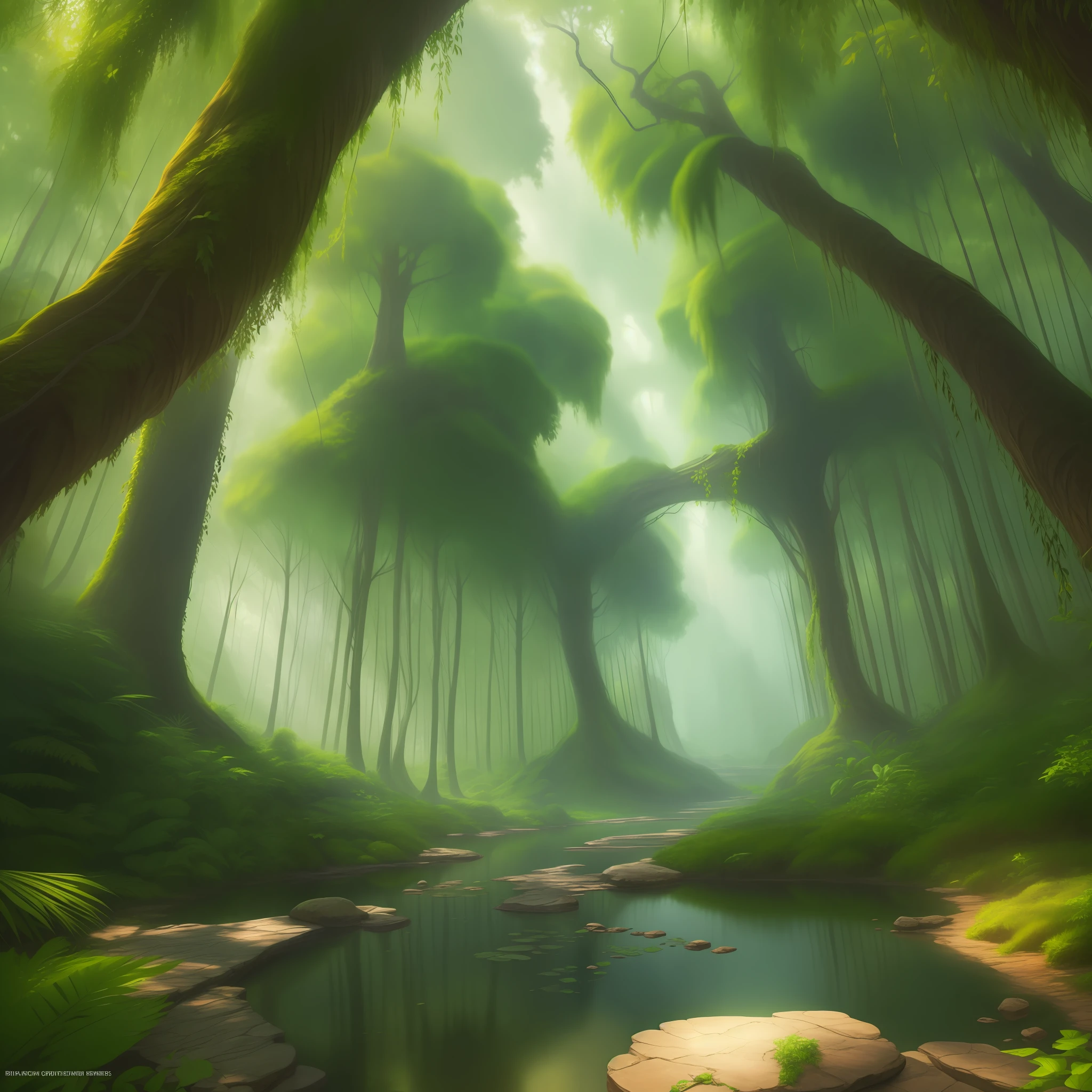 An amazon mystical forest, diverse green vegetation, fantasy art,fantasy,  ray tracing