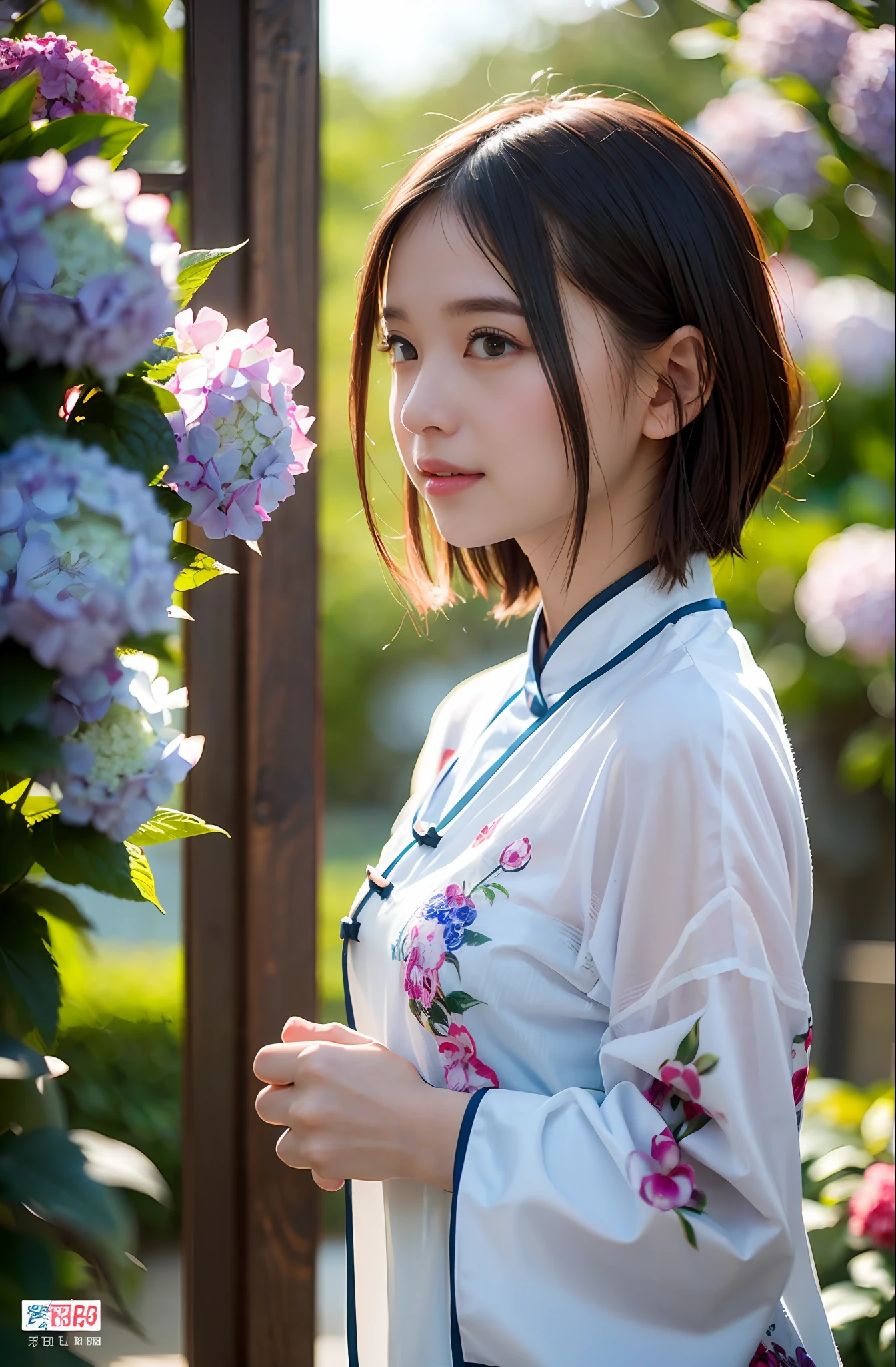 (((Full body photo))),(Sunset backlight))),(Thin blue eyeliner))),(Lens flare))),((Lens flare)),(Wearing china clothes in a Chinese garden)),(((Super Soft Focus)))), smiling, (Profile)))), (Looking into the distance(yinchuan:1.5), (yinchuan:1.5), being surrounded by colorful hydrangeas, hydrangeas, in the background, taking a shower, twilight, ((soft sunset)), masterpiece, best quality, raw photo, photorealistic, face, beautiful girl, cute, short hair, (((depth of field)))), high resolution, ultra detail, fine detail, highly detailed, cinematic lighting