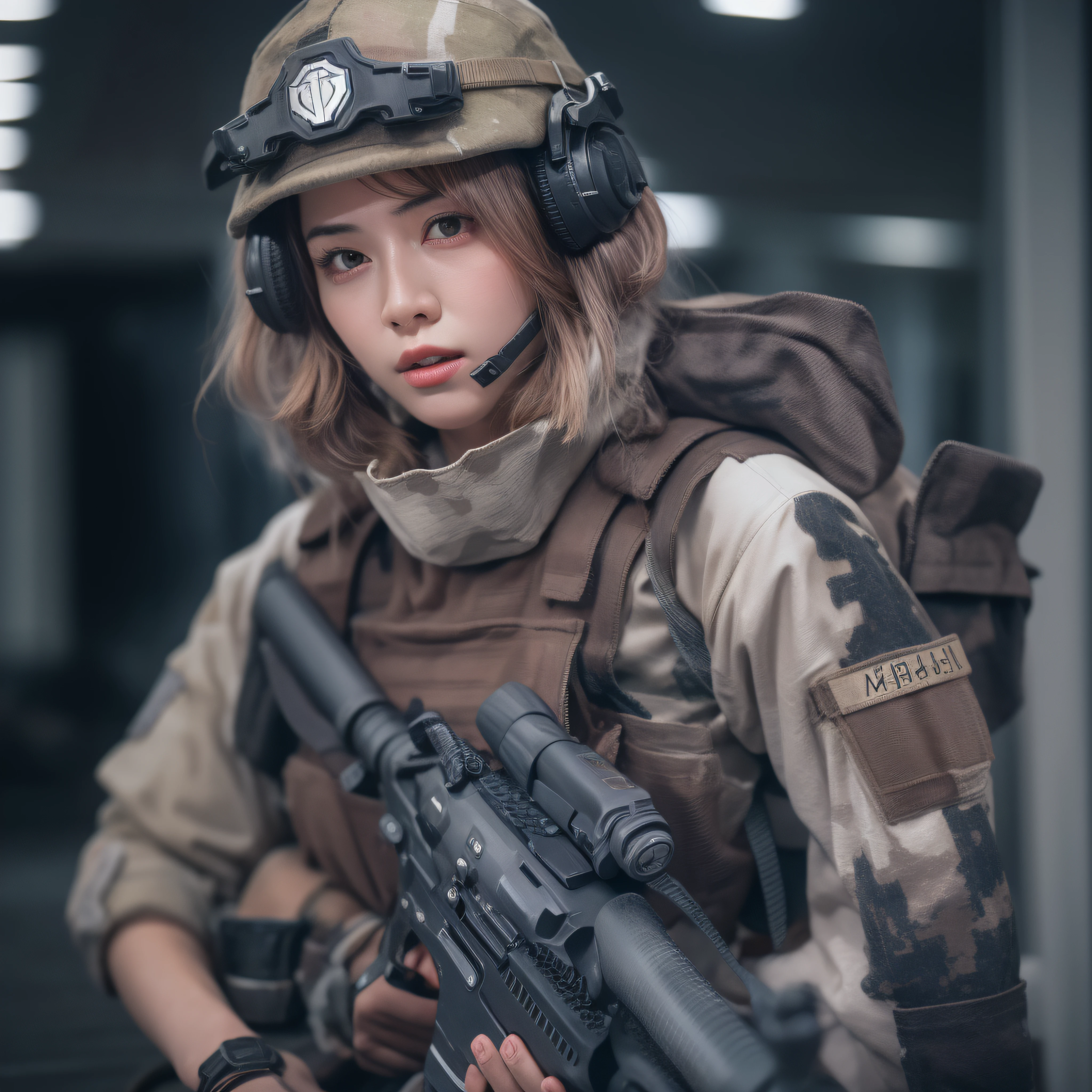 8k, RAW photo, portrait, best quality, ultra high res, photorealistic, woman in a helmet holding a gun and wearing a helmet, mechanized soldier girl, soldier girl, beautiful female soldier, infantry girl, m4 sopmod ii girls frontline, professional cosplay, military girl, inspired by Leng Mei, with rifle, kanliu666, 🕹️ 😎 🔫 🤖 🚬, soldier, realistic cosplay