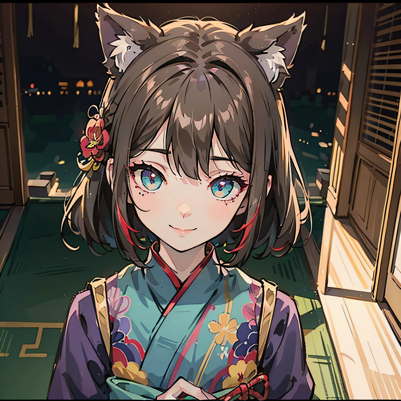 A Chinese girl in pink Han clothes stands in front of the Forbidden City, Chinese-style architecture, the forbidden city, streaked hair, colored inner hair, grey hair, silver hair, brown hair, black hair, purple hair, light brown hair, parted bangs, hair strand, kanzashi, hair bobbles, mole under eye, tsurime, aqua eyes, glowing eyes, cat ears, smile, interior architecture, anime, Ukiyo-e, anime style, reflection light, ray tracing, bloom, film grain, cinematic lighting, letterboxed, projected inset, vanishing point, atmospheric perspective, panorama, perspective, emphasis lines, Sony FE GM, anime style, best quality, highres, 4K, textured skin, anatomically correct, super detail, award winning --auto