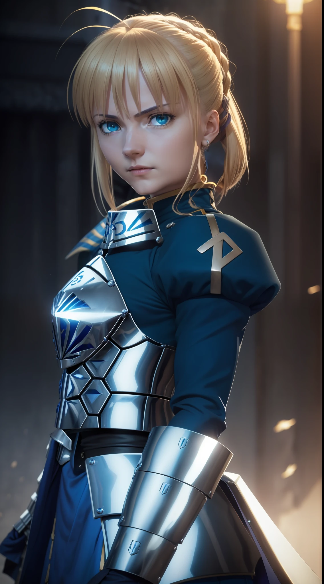 1girl, artoria pendragon (Fate), armor, looking at viewer, warrior look, battle posture, bright blue eyes, armor gloves, 8k, ultra detailed, masterpiece, best quality, (extremely detailed), Saber (Fate Stay Night), Saber cosplay, dynamic angle, battlefield background, rim lighting, cinematic light, ultra high res, 8k uhd, best shadow, delicate,  RAW, light particles, detailed skin texture, detailed armor texture, detailed face, intricate details, ultra detailed, bright, strong, bright eyes, long cable, fantasy, (realistic), complex, intricate, perfect lighting, cinematic lighting, sacred light, vivid, bang, windy, realistic, photorealistic.