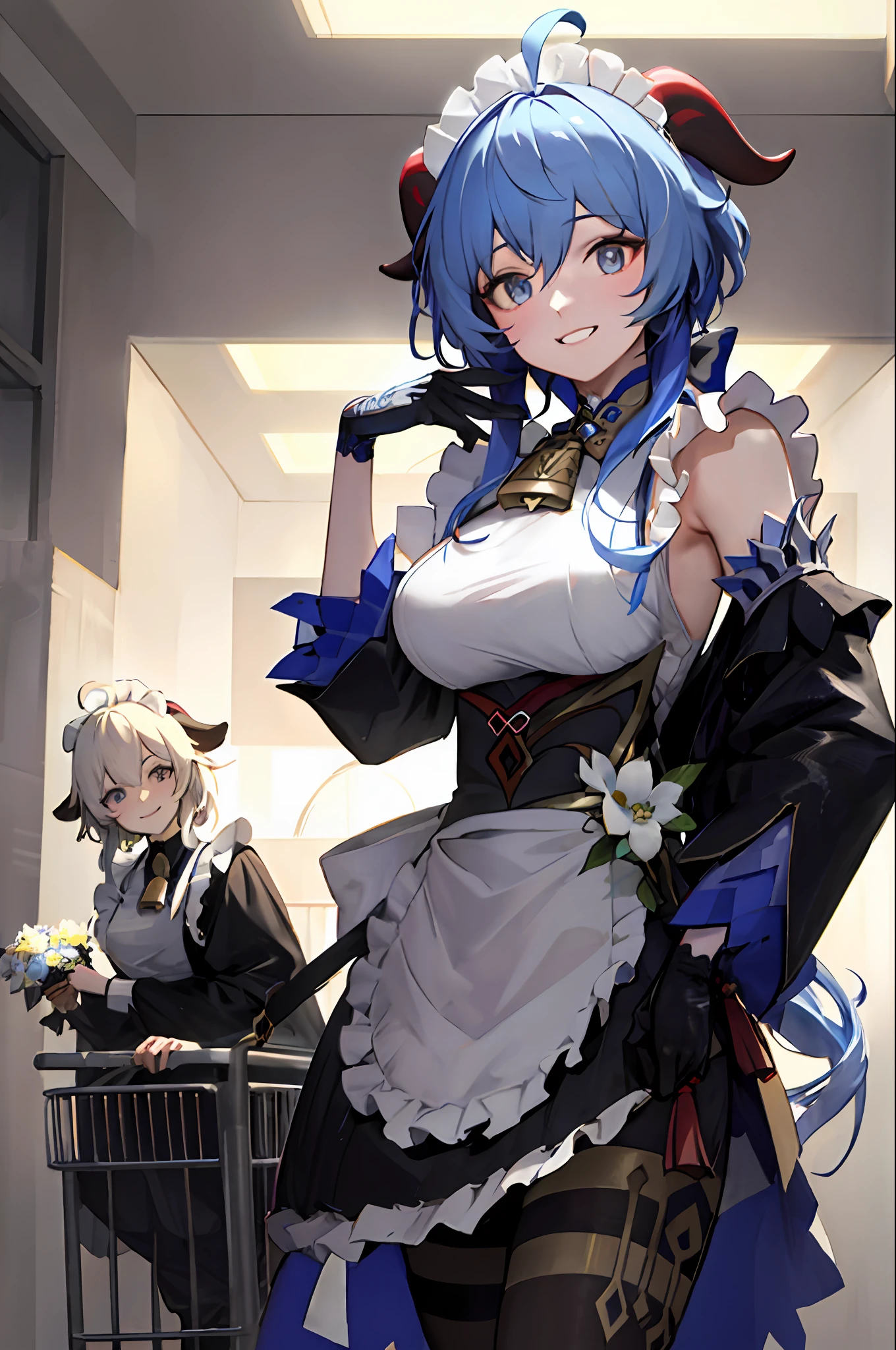 (Photorealistic:1.4), (Masterpiece, side-lighting, fine detailed beautiful eyes: 1.2), Masterpiece*Portrait, Realistic, 3D face, Ganyu \(Genshin Impact\), 1girll, ahoge, architecture, By bangs，Bare shoulders，bell，black glove，Black tights，（blue  hair），Blushlush，Beautiful breasts，Chinese knot，the sleeve，flower knot，mitts，cow horn，long whitr hair，middlebreast，Neckbells，the maid outfit:2.0，maid costume:2.0，happy laughing，Squinted eyes，gentleness，extremely shy:2.0，Be red in the face:2.0，Flowers，Admire the flowers，Flowers，Bright flowers，Rejoice，exhilarated，Holding flowers in hand，Smell the flowers，Not suitable for the audience，having fun:2.0，grin:2.0，Face the bouquet，Shopping at the supermarket，Hold your arm，Shopping，Pushing the shopping cart