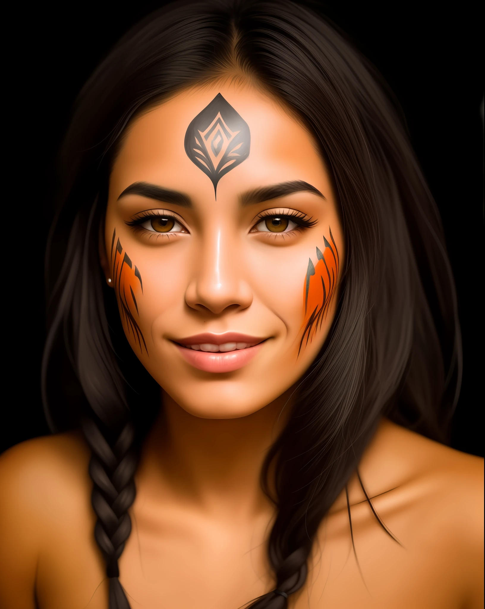 Homem sorridente com rosto pintado e pintura facial em seu rosto, marcas no rosto, pintura facial tribal, Indigenous tribal facial marks, Using annatto paint and charcoal, pinturas indigena do rosto, pintura tribal, pintura do rosto do guerreiro vermelho, com tatuagem facial, Inspired by Tupinambá, Indigenous s, pintura facial, with paintings of Indigenous on the face, Brazilian Aboriginal Hipster