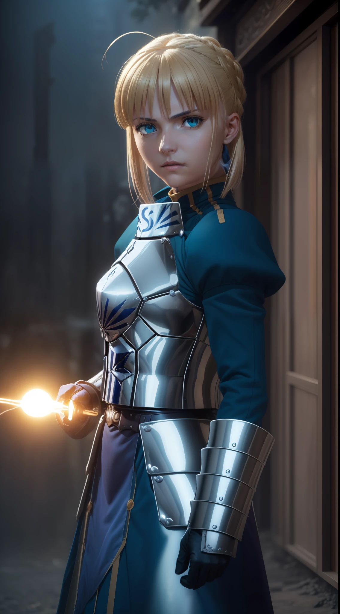 1girl, artoria pendragon (Fate), armor, looking at viewer, warrior look, battle posture, bright blue eyes, armor gloves, 8k, ultra detailed, masterpiece, best quality, (extremely detailed), Saber (Fate Stay Night), Saber cosplay, dynamic angle, battlefield background, rim lighting, cinematic light, ultra high res, 8k uhd, best shadow, delicate,  RAW, light particles, detailed skin texture, detailed armor texture, detailed face, intricate details, ultra detailed, bright, strong, bright eyes, long cable, fantasy, (realistic), complex, intricate, perfect lighting, cinematic lighting, sacred light, vivid, bang, windy, realistic, photorealistic.