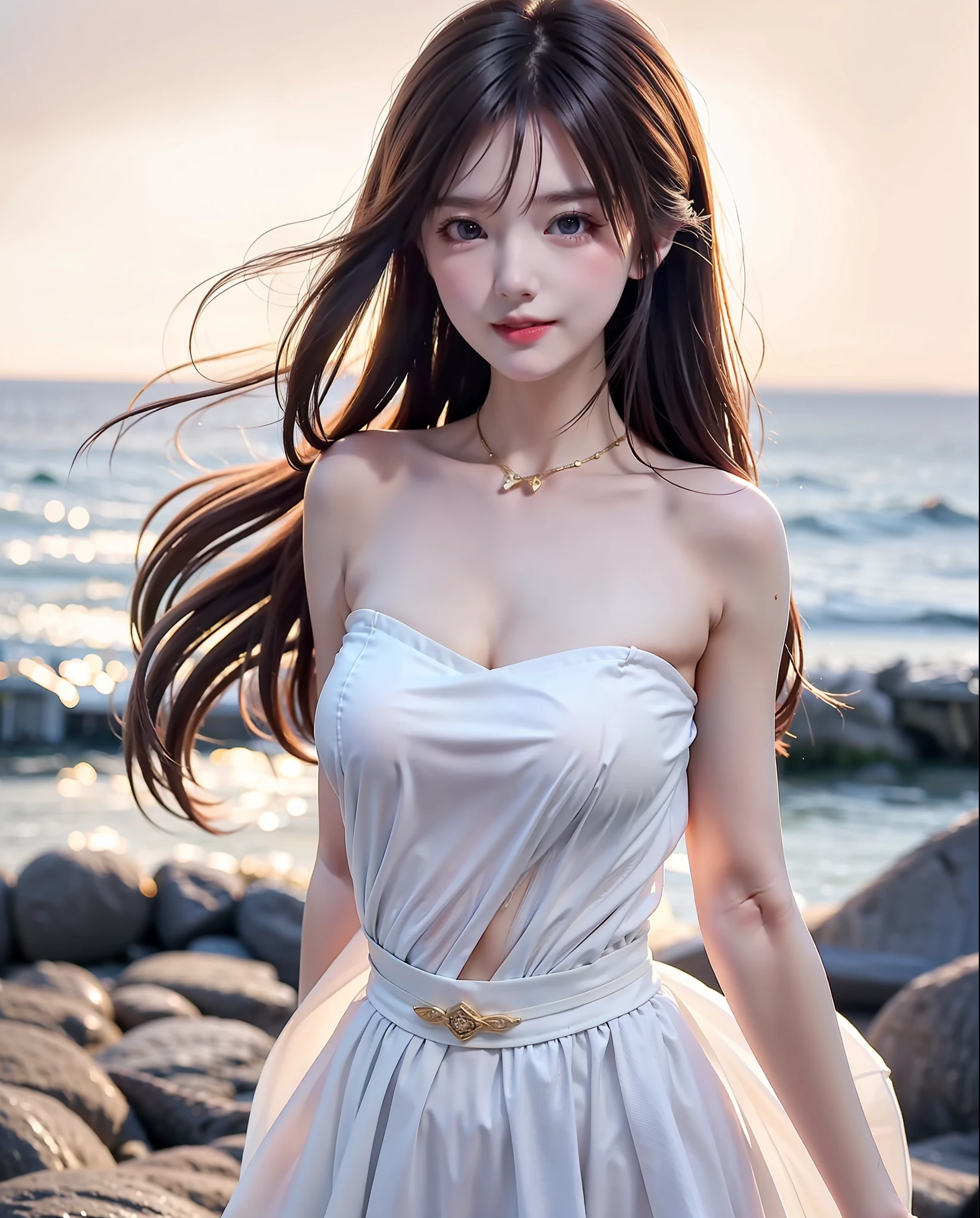 Beautiful view along the coast，1girl，（eyes with brightness，Sun-kissed skin，Carefree expression），beach sand background，lighthouse，Gentle sea breeze，playful pose，dynamic compositions，golden hour lighting，vague background，rich colours，finely detailled，hyper realisitc，50mm lens，Lighthearted atmosphere。Portrait Photogram，35mm film，natural blurry，（The upper body is white and wrapped around the chest，Long skirt at the bottom），Underage girls，good finger，ssmile，full bodyesbian，Slender legs，Young girl body proportions，The skirt was blown up by the wind，revealing white panties