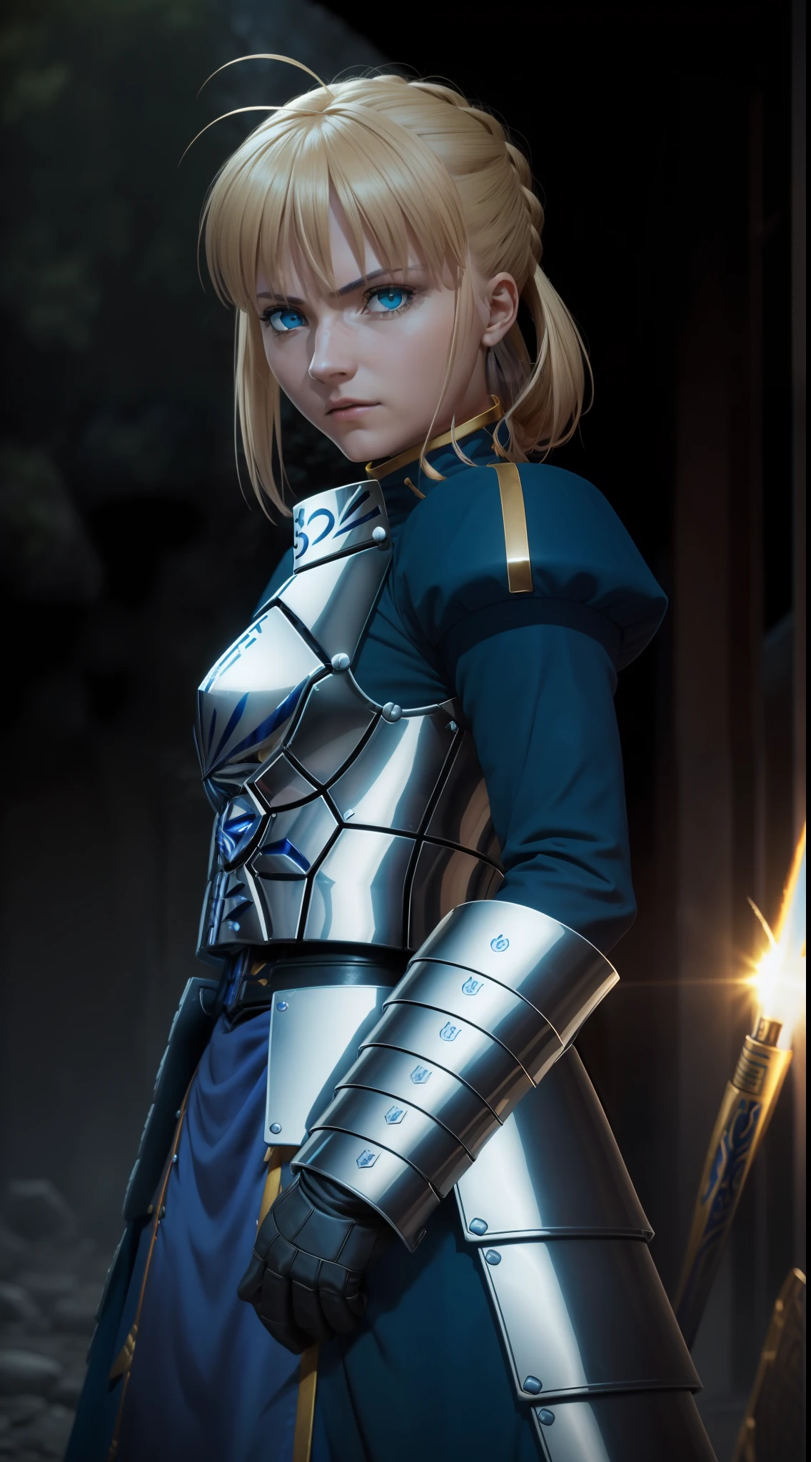 1girl, artoria pendragon (Fate), armor, looking at viewer, warrior look, battle posture, bright blue eyes, armor gloves, 8k, ultra detailed, masterpiece, best quality, (extremely detailed), Saber (Fate Stay Night), Saber cosplay, dynamic angle, battlefield background, rim lighting, cinematic light, ultra high res, 8k uhd, best shadow, delicate,  RAW, light particles, detailed skin texture, detailed armor texture, detailed face, intricate details, ultra detailed, bright, strong, bright eyes, long cable, fantasy, (realistic), complex, intricate, perfect lighting, cinematic lighting, sacred light, vivid, bang, windy, realistic, photorealistic.