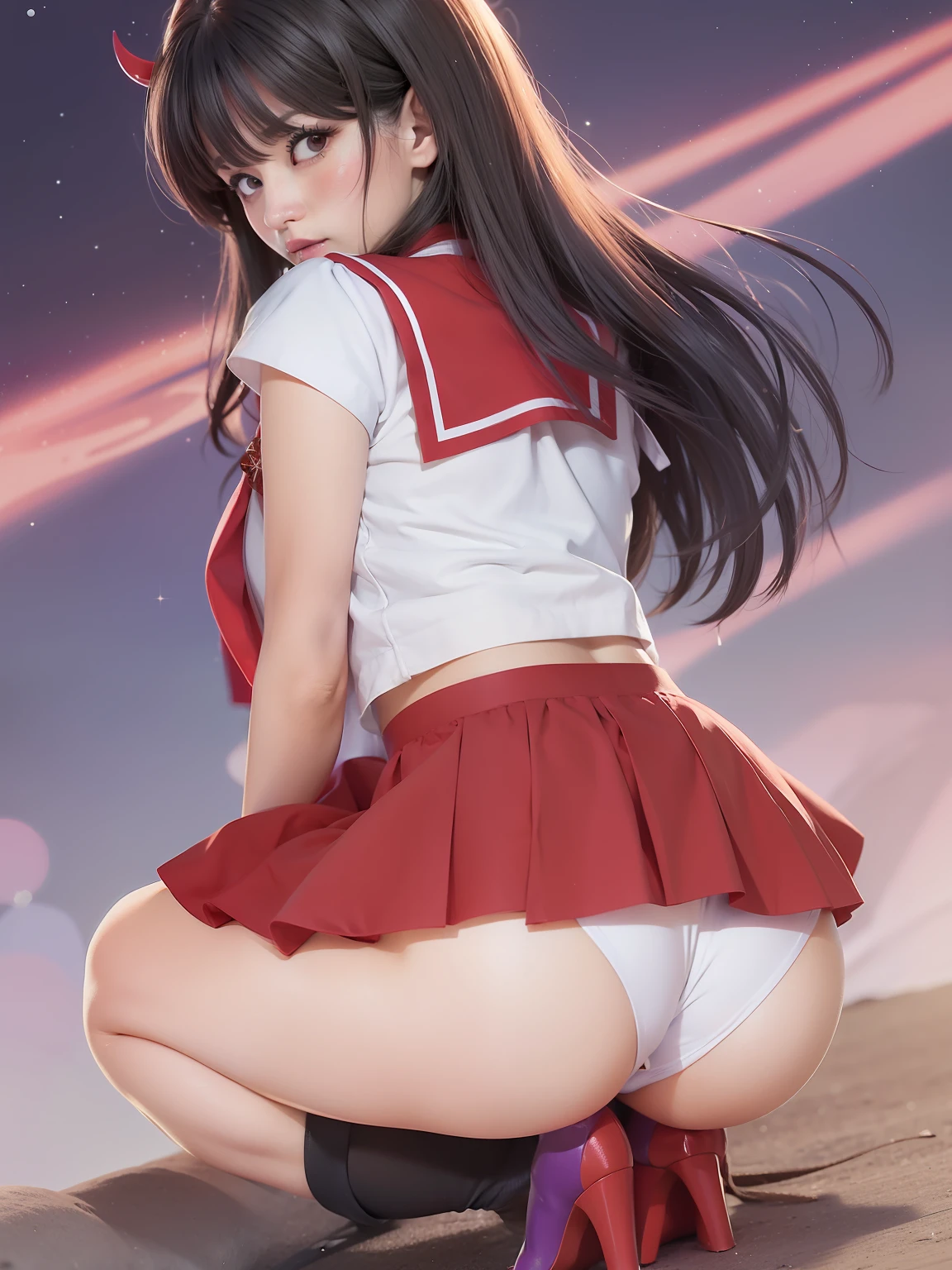 Sailor Mars en cuclillas, (((Falda corta))), (bragas blancas)