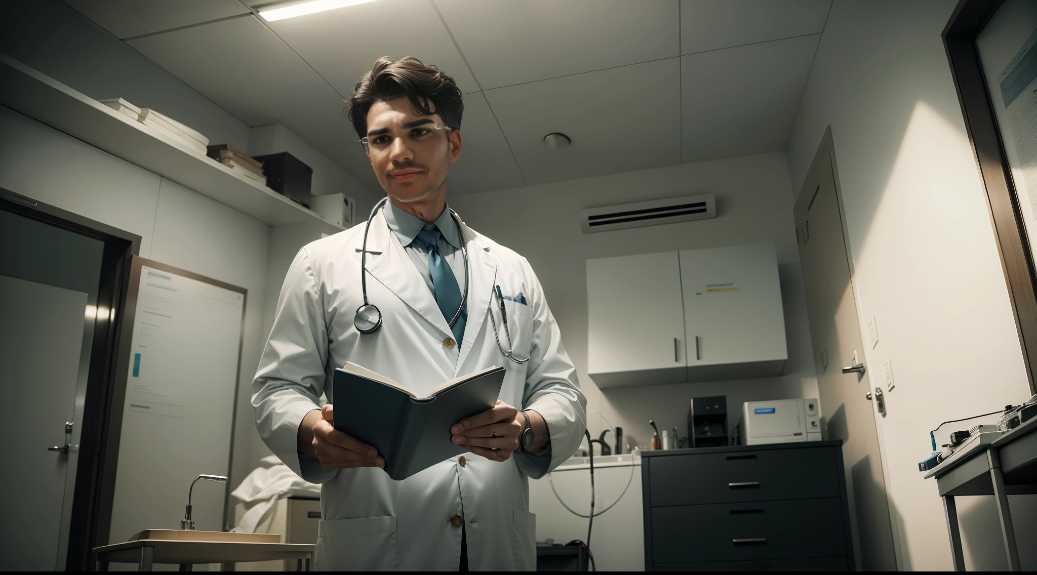 "ultra-detalhado, best quality, Medical illustration of the masterpiece of a kind and experienced doctor, in a sterile and well-lit environment, with glasses and stethoscope, surrounded by various medical equipment, incluindo seringas e ferramentas de exame, Representing a sense of comfort, Security man, e expertise.