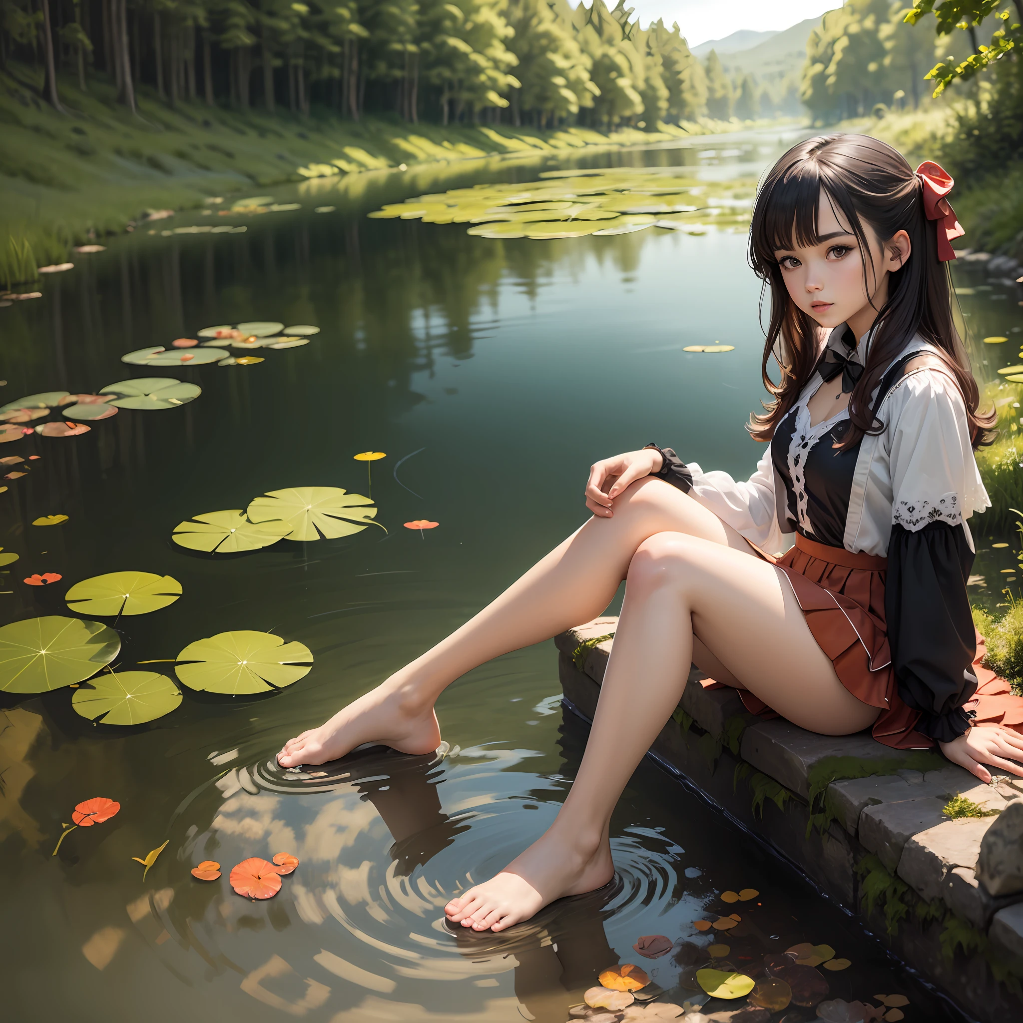 k hd，8K，High picture quality，ink and watercolor painting，Miniskirt period girl in costume，pond side，sitted，Barefoot，Costume girl ，Frontal whole body --auto
