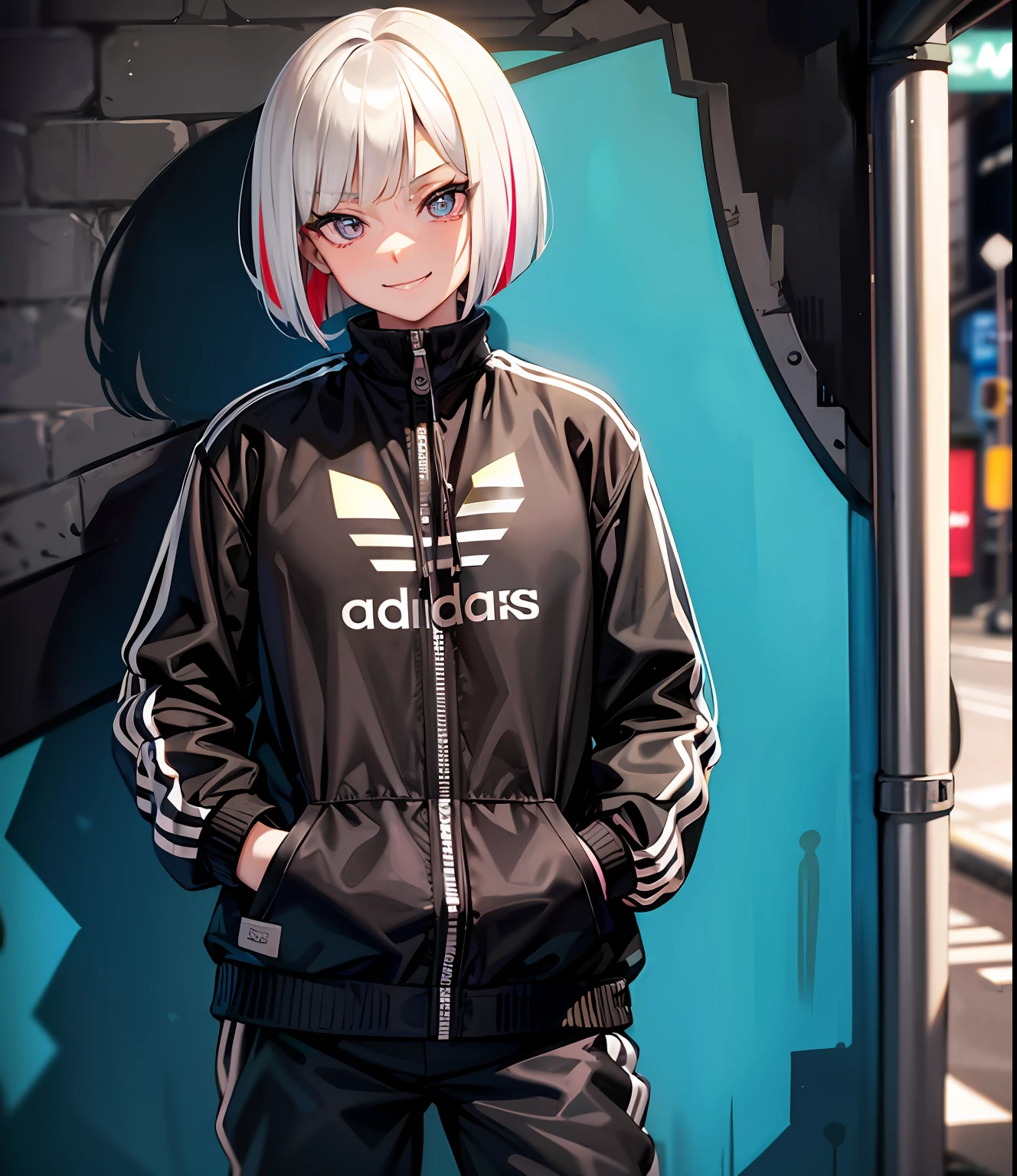 masterpiece, best quality, close up, 1 mature female, (detailed eyes and pupils), smirk, bob cut, multicolored hair, adidas tracking suit, looking at viewer, posing, hands in pockets, wall in background, graffiti, side street, night, neonlights