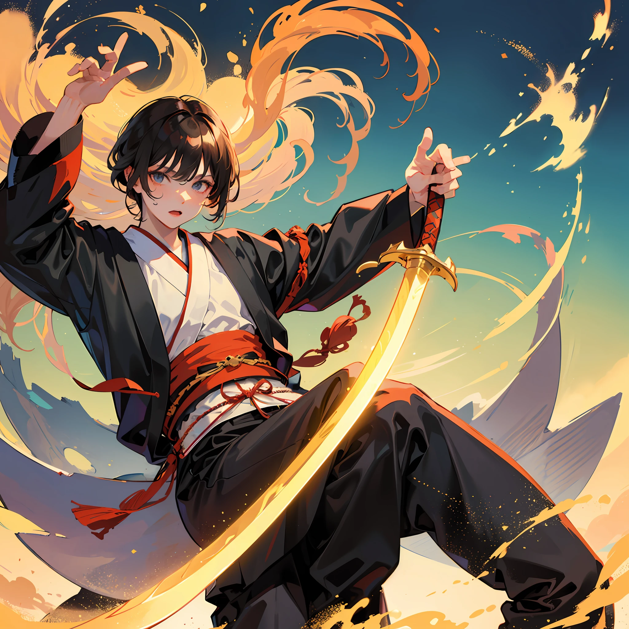 (Man solo)A man in a Taoist robe,Fly with a sword in the sky,The sword qi is rampant,tmasterpiece,Highest image quality