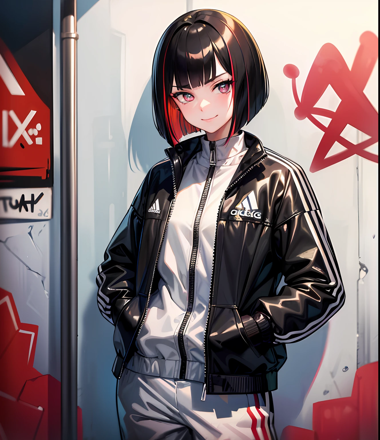 masterpiece, best quality, close up, 1 mature female, (detailed eyes and pupils), smirk, bob cut, multicolored hair, adidas tracking suit, looking at viewer, posing, hands in pockets, wall in background, graffiti, side street, night, neonlights