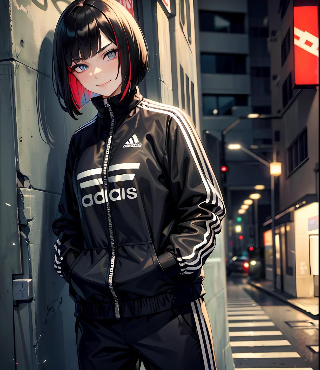 masterpiece, best quality, close up, 1 mature female, (detailed eyes and pupils), smirk, bob cut, multicolored hair, adidas tracking suit, looking at viewer, posing, hands in pockets, wall in background, graffiti, side street, night, neonlights