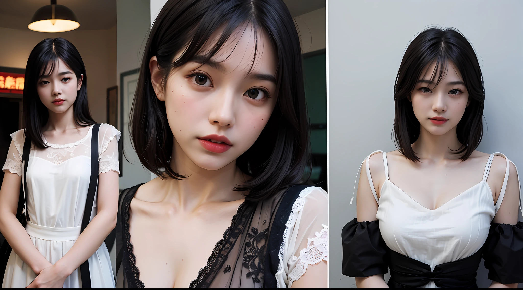 A beautiful Chinese girl with exquisite Chinese real life,with short black hair,naturally straight hair,Superb sophistication,Good facial features,Peerless beautiful girl,softness,dreamlike quality,light white and dark brown,Exaggerated facial features,solidcolor,Frank holly,Refined face,Bright lips slightly open,Slim waist,Soft curves,Wear a pink suspender lace top,White short gauze dress,Reallightandshadow,super-fine,4k,Naturally moving,realistic,Ultra high Resolution,Traffic light intersection