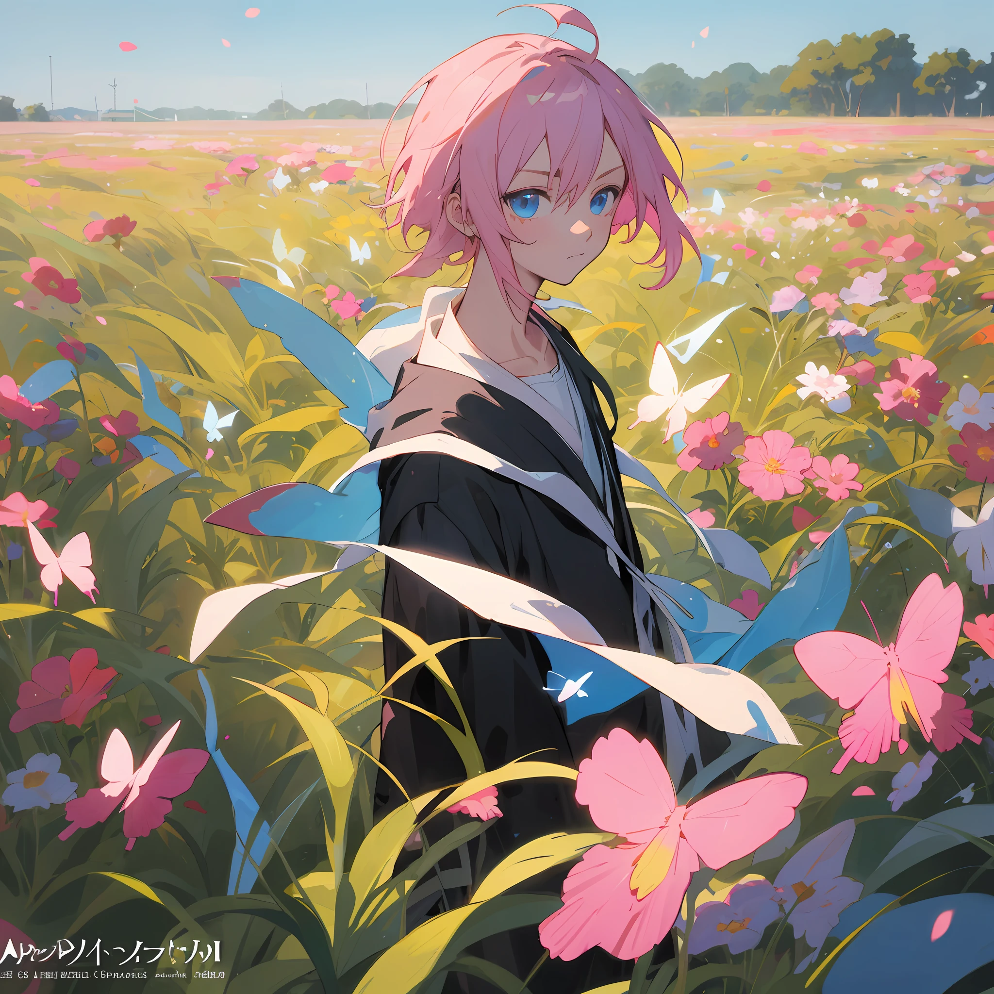 anime boy in a field of flowers with a pink hair, butterflies arround him, blue eyes, bubble scar on neck, detailed key anime art, anime lush john 8k woods, best anime 4k konachan wallpaper, anime style 4 k, zerochan art, in a field of flowers, clean detailed anime art, anime art wallpaper 8 k, official anime artwork, anime art wallpaper 4k, anime art wallpaper 4 k