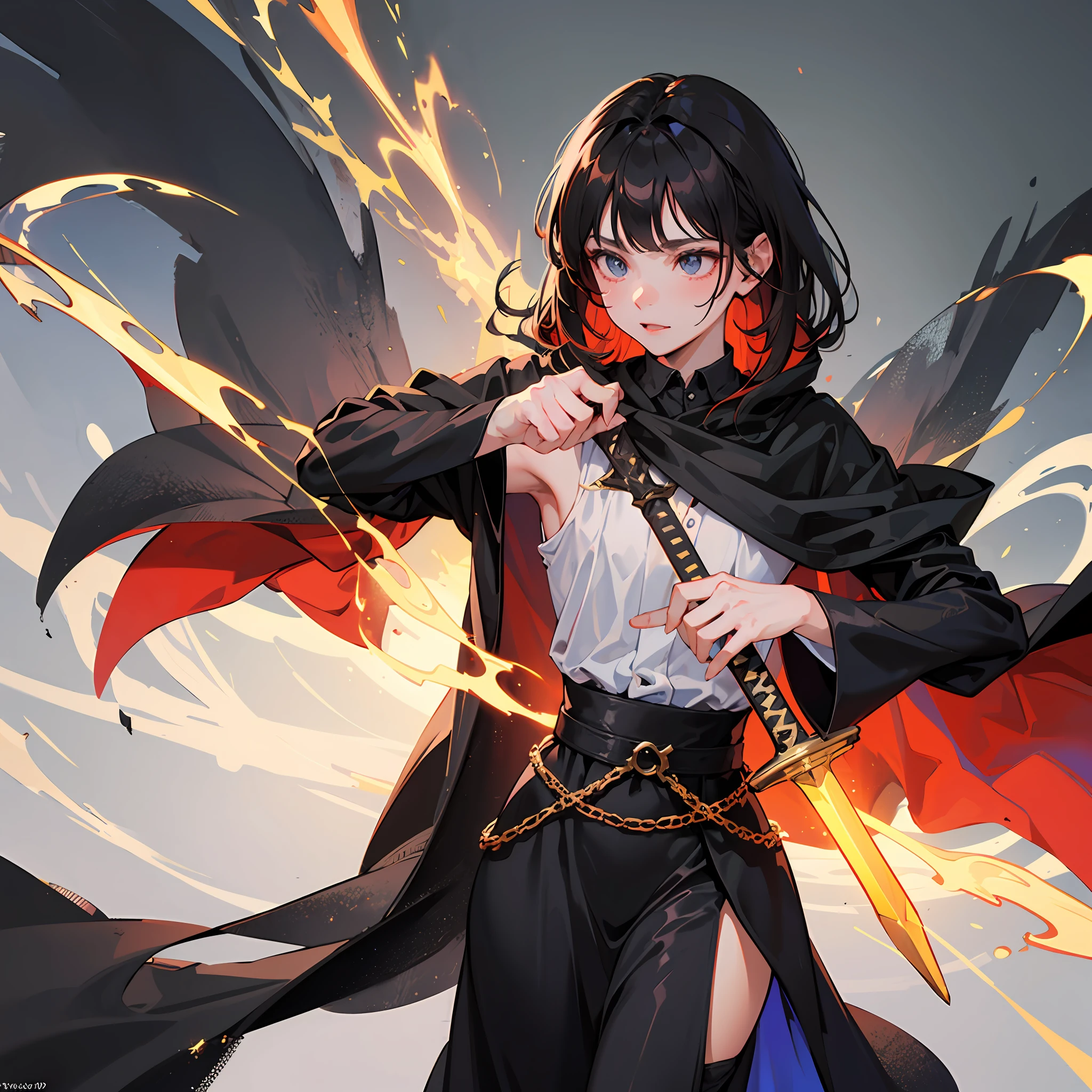 The 24-year-old man wears a wide black robe,Long black messy hair,Sword-eyed stars,The eyes were cold, as if there was a sword light flowing out,Holding a wooden sword in his hand