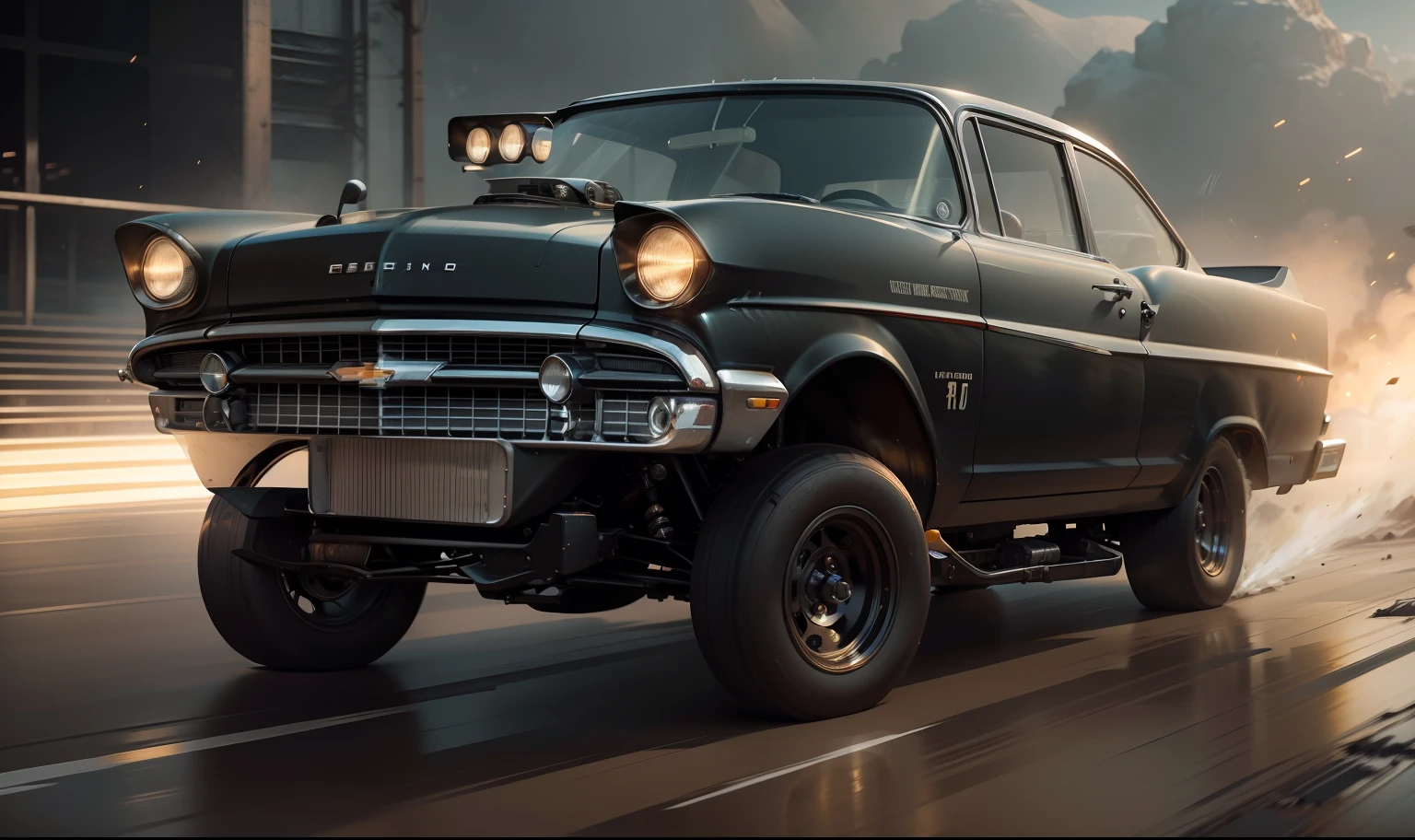 Need For Speed, Chevy Gasser 57 PRETO BRILHANTE with a racing driver with racing helmet, rushing down the wet Track, fast, hyper realistic, motion blur, blurry background, highly detailed, divine proportion, (((framed))), perfect composition, Perfect lighting, octane render, 8k, artistic photography, trending on artstation, sharp focus, studio photo, intricate details, highly detailed, by greg rutkowski --auto