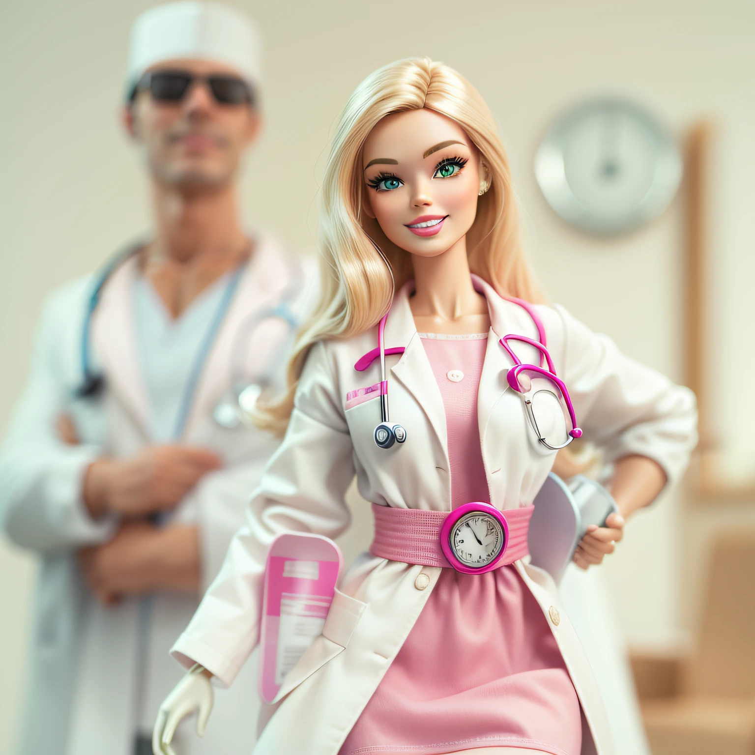 Barbie doll smiling in 3D with doctor's outfit, fundo totalmente branco, foto da cintura pra cima.
