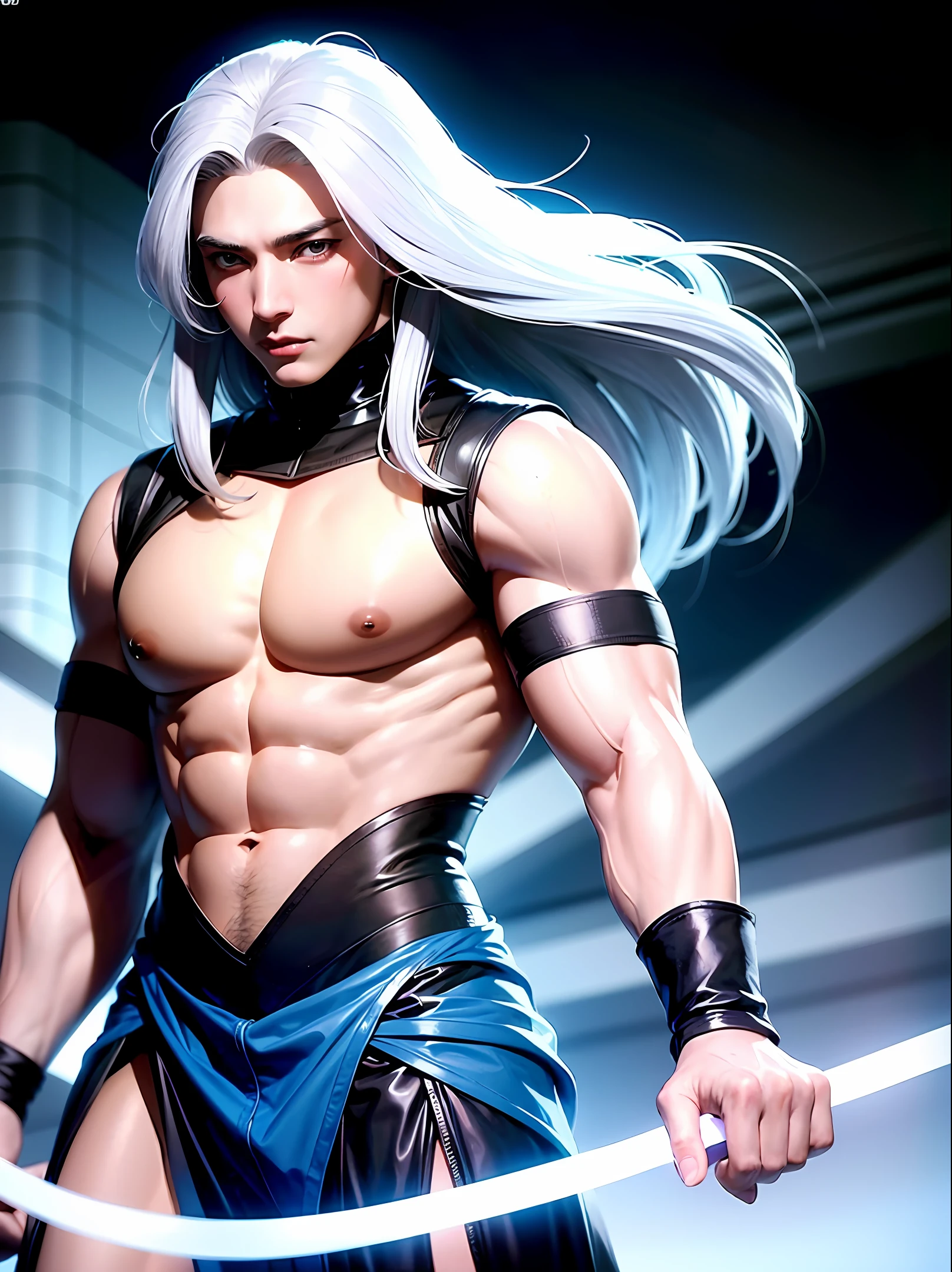 The muscular man with long white hair is 24 years old, has special abilities, is technological, and has blue tattoos on his body