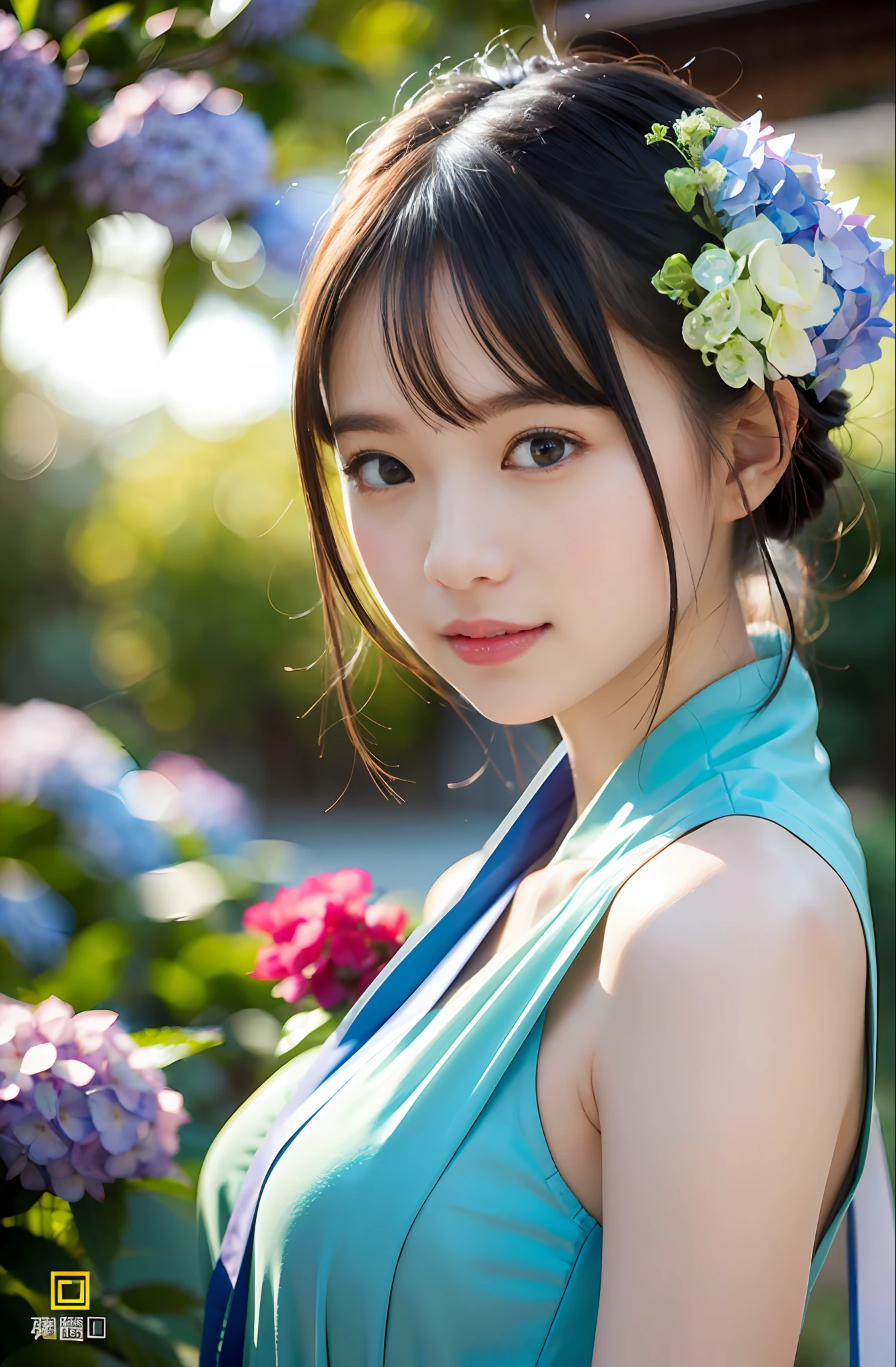 (((Full body photo))),(Sunset backlight))),(Thin blue eyeliner))),(Lens flare))),((Lens flare)),(Wearing china clothes in a Chinese garden)),(((Super Soft Focus)))), smiling, (Profile)))), (Looking into the distance(yinchuan:1.5), (yinchuan:1.5), being surrounded by colorful hydrangeas, hydrangeas, in the background, taking a shower, twilight, ((soft sunset)), masterpiece, best quality, raw photo, photorealistic, face, beautiful girl, cute, short hair, (((depth of field)))), high resolution, ultra detail, fine detail, highly detailed, cinematic lighting