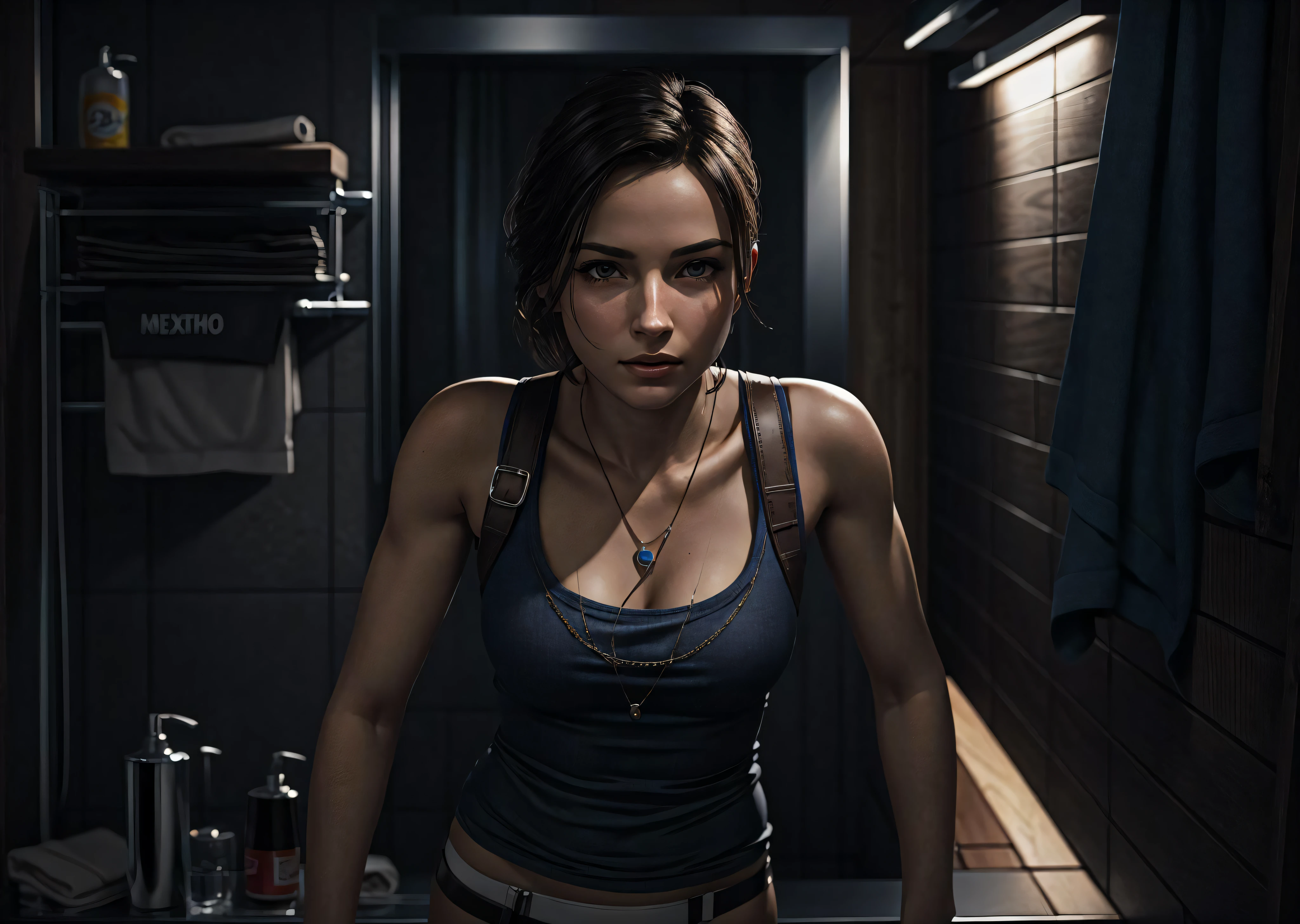 1girl, in bathroom, realistic, best quality, 4k, jill valentine,