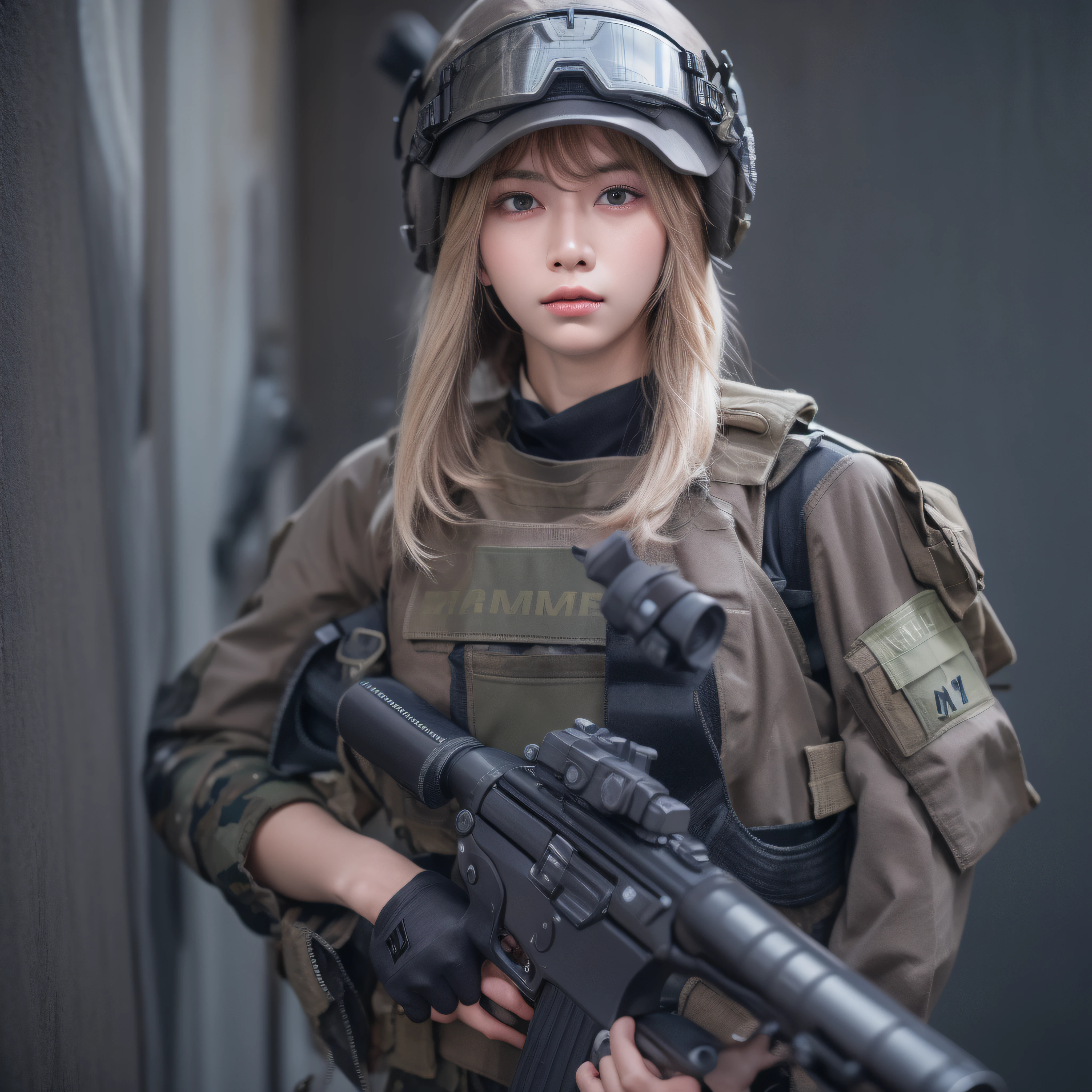 8k, RAW photo, portrait, best quality, ultra high res, photorealistic, woman in a helmet holding a gun and wearing a helmet, mechanized soldier girl, soldier girl, beautiful female soldier, infantry girl, m4 sopmod ii girls frontline, professional cosplay, military girl, inspired by Sora Aoi, with rifle, kanliu666, soldier, realistic cosplay