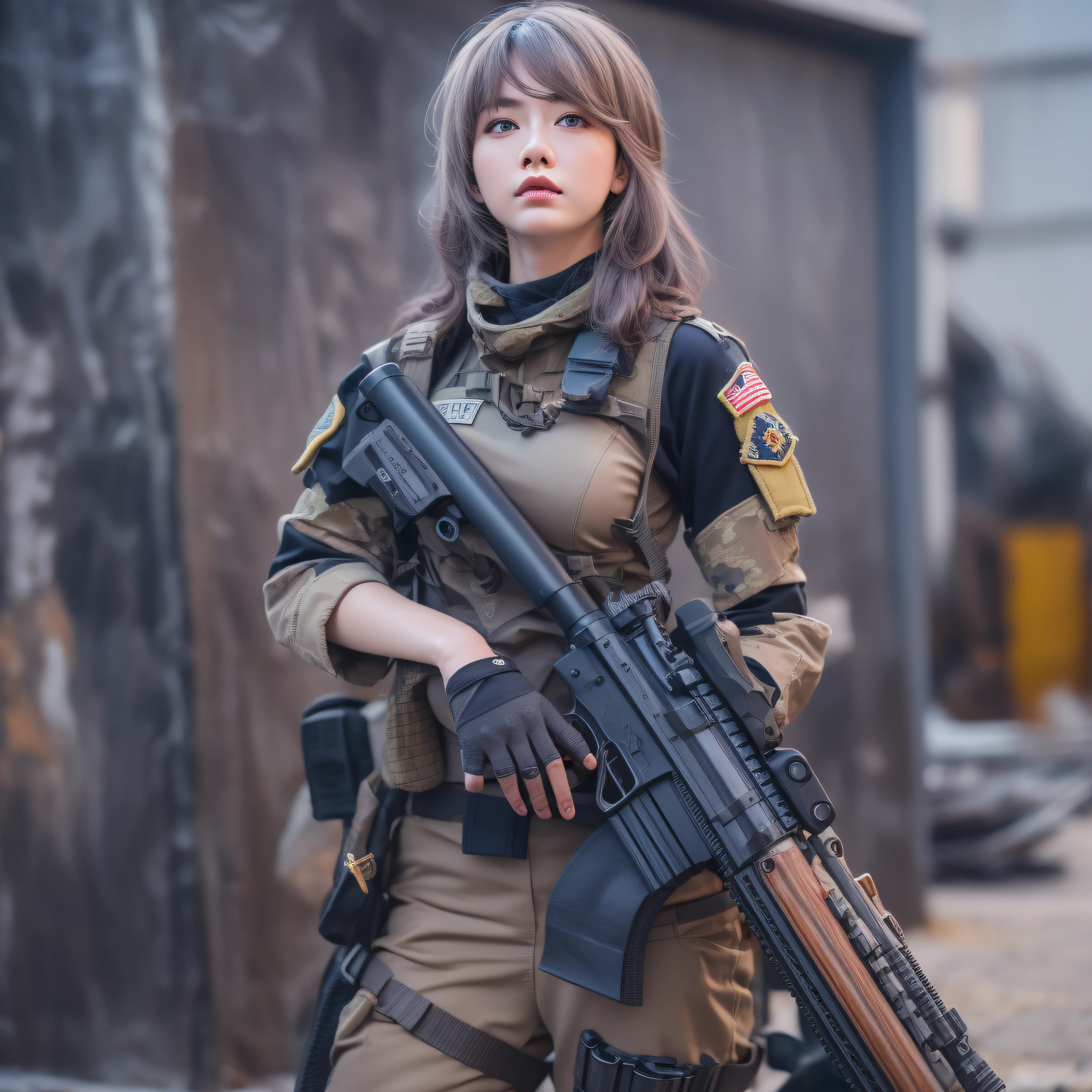 8k, RAW photo, portrait, best quality, ultra high res, photorealistic, woman in a helmet holding a gun and wearing a helmet, mechanized soldier girl, soldier girl, beautiful female soldier, infantry girl, m4 sopmod ii girls frontline, professional cosplay, military girl, inspired by Sora Aoi, with rifle, kanliu666, soldier, realistic cosplay