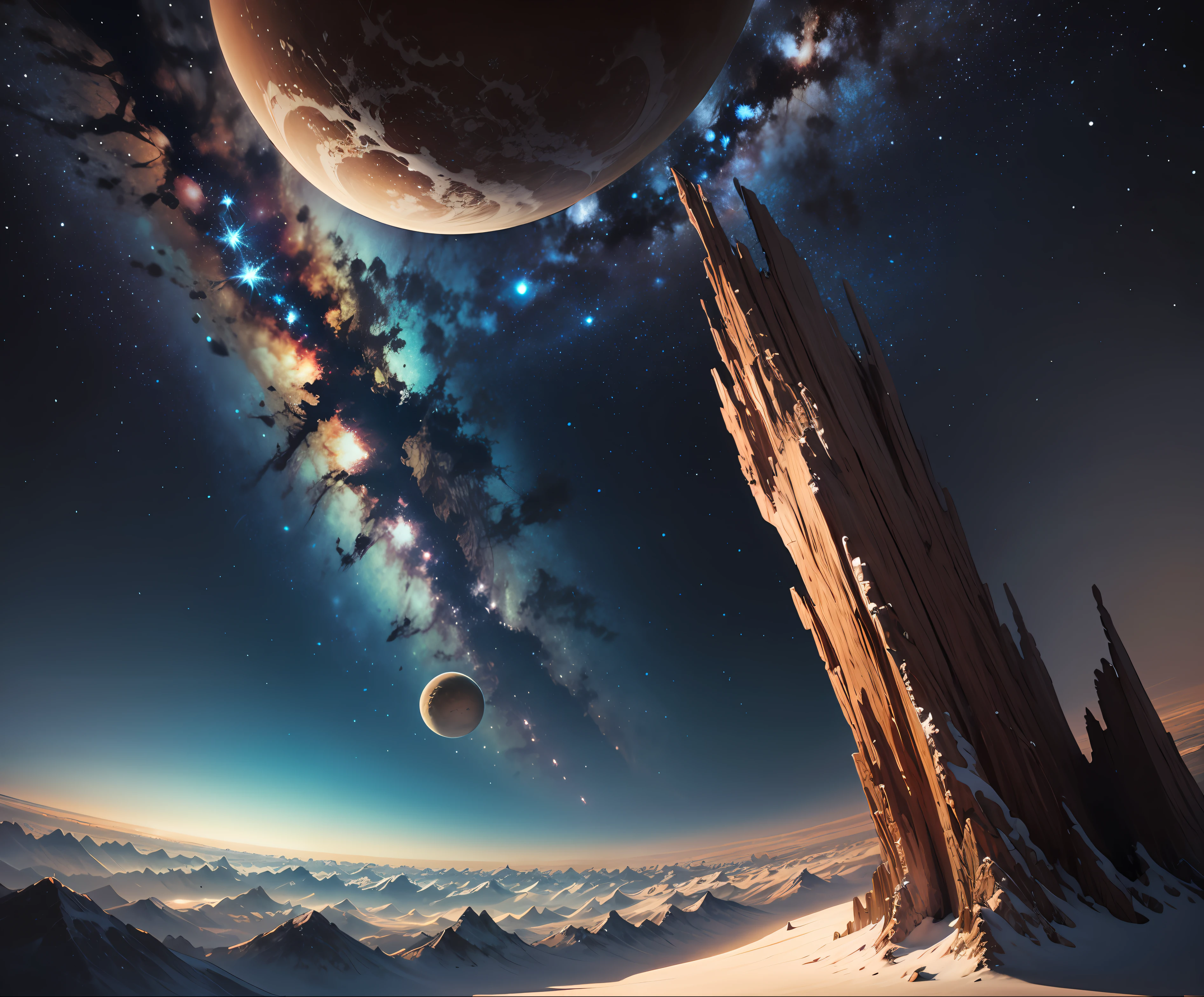 foto de cima para baixo, outer space, com astronauta de costas sem aparecer o rosto, looking at the sky, cheio de estrelas sozinho, 4k, assustador, lua gigante, tree's, vale, montanhas ao fundo, Natureza, imagem feito do planeta, fora da terra, little color on earth but a bright and living sky, Nearby giant planets, dark skies, cometa, Trail in the sky, Image that gives the feeling of lost, sozinho e com medo --auto