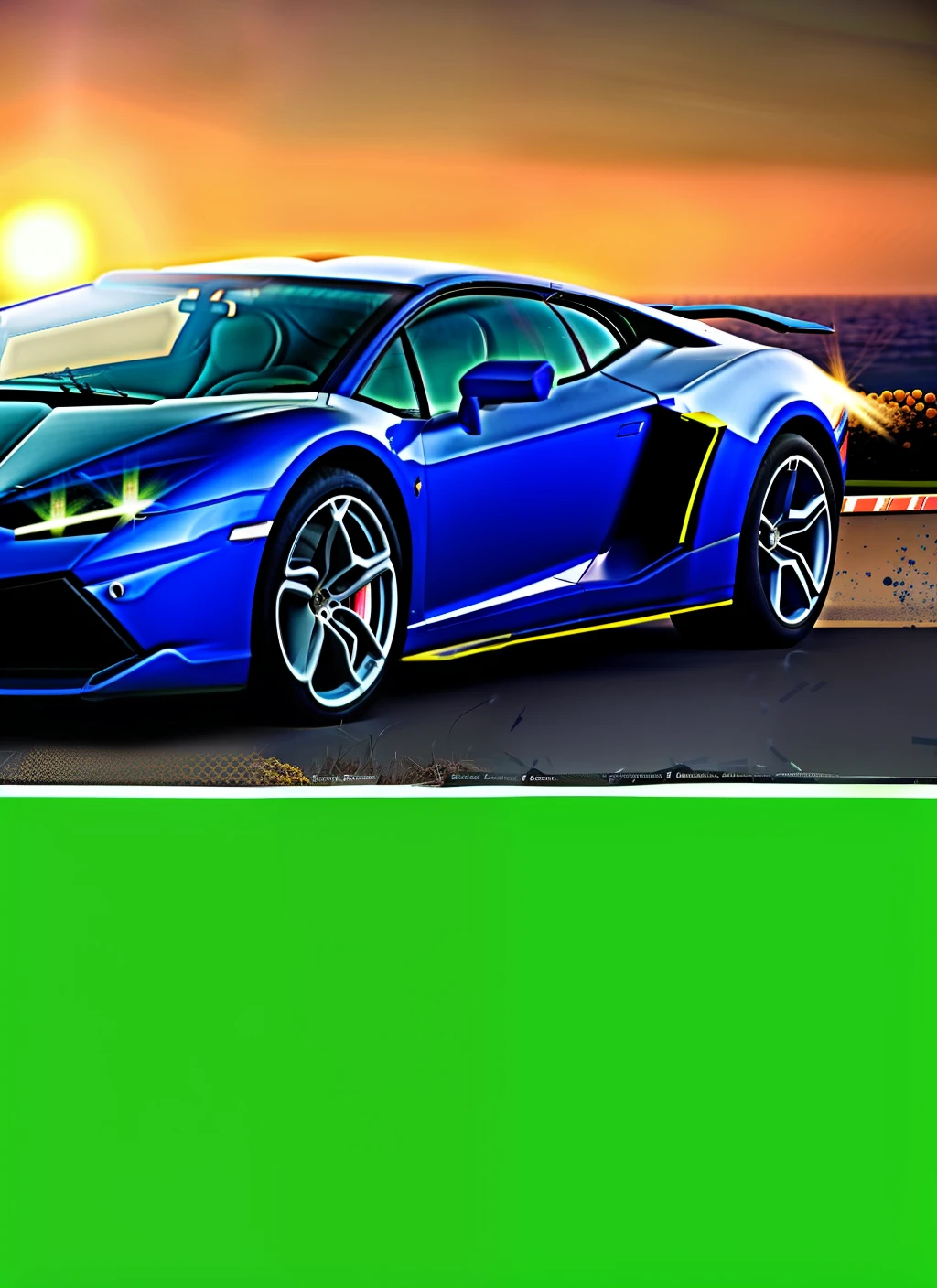 Create an image of the lamborghini car with all the details in high resolution with the glare of the sun referring on its side with the vehicle cutting through a small town in the village