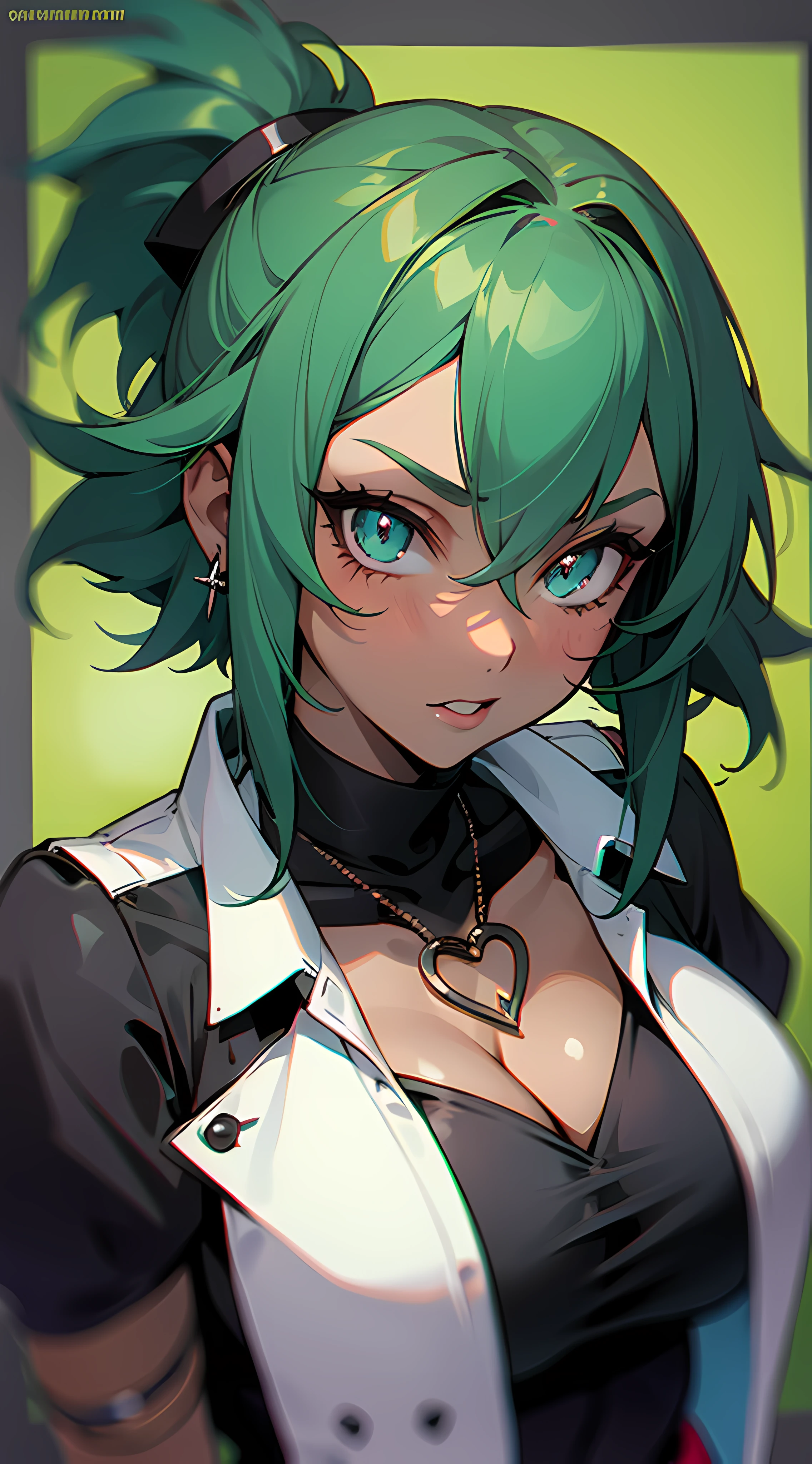 (((1girl))), , goth outfit, (((dark skin))), green hair, thicc, emo girlfriend, teasing