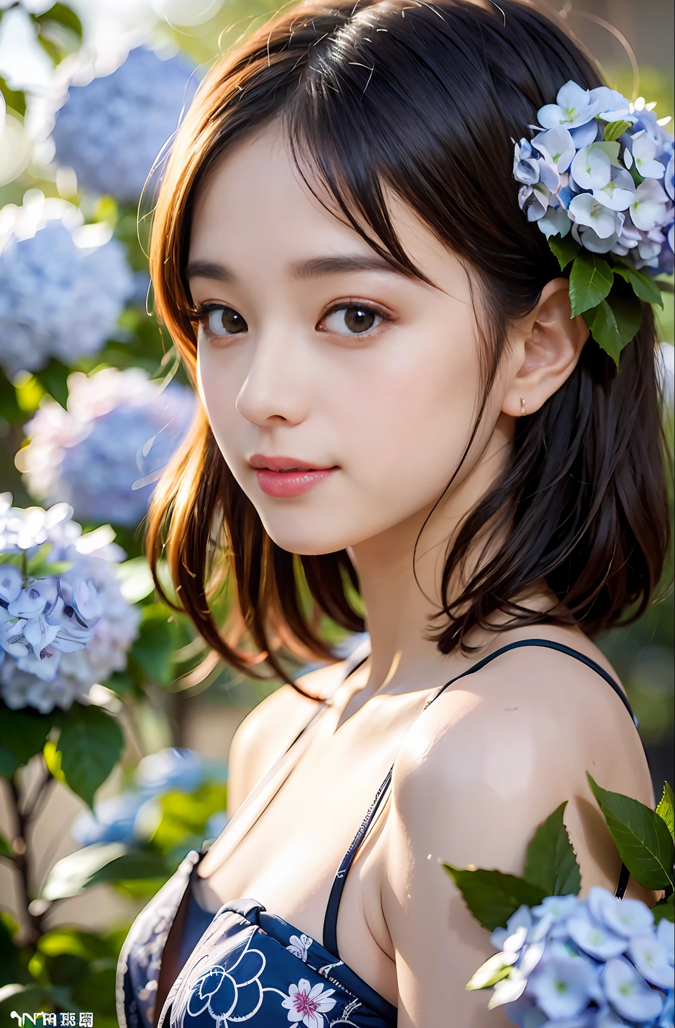 (((Full body photo))),(Sunset backlight))),(Thin blue eyeliner))),(Lens flare))),((Lens flare)),(Wearing china clothes in a Chinese garden)),(((Super Soft Focus)))), smiling, (Profile)))), (Looking into the distance(yinchuan:1.5), (yinchuan:1.5), being surrounded by colorful hydrangeas, hydrangeas, in the background, taking a shower, twilight, ((soft sunset)), masterpiece, best quality, raw photo, photorealistic, face, beautiful girl, cute, short hair, (((depth of field)))), high resolution, ultra detail, fine detail, highly detailed, cinematic lighting