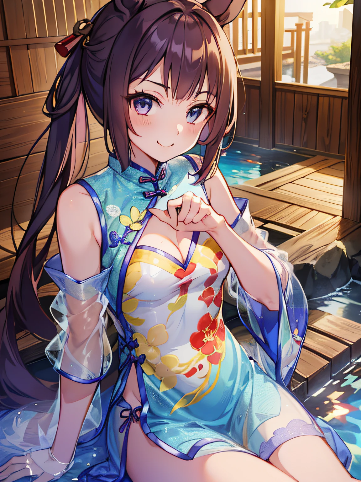 ​masterpiece、Top quality anime illustrations、ultra-detailliert、1 girl in、独奏、Anime Loli、((Light blue see-through cheongsam in light color))、((Short cheongsam))、((sleeve less))、
sweep tosho \(umamusume\)、A smile、Bare skin lateral chest、thigh focused、Cleavage emphasis、hot onsen