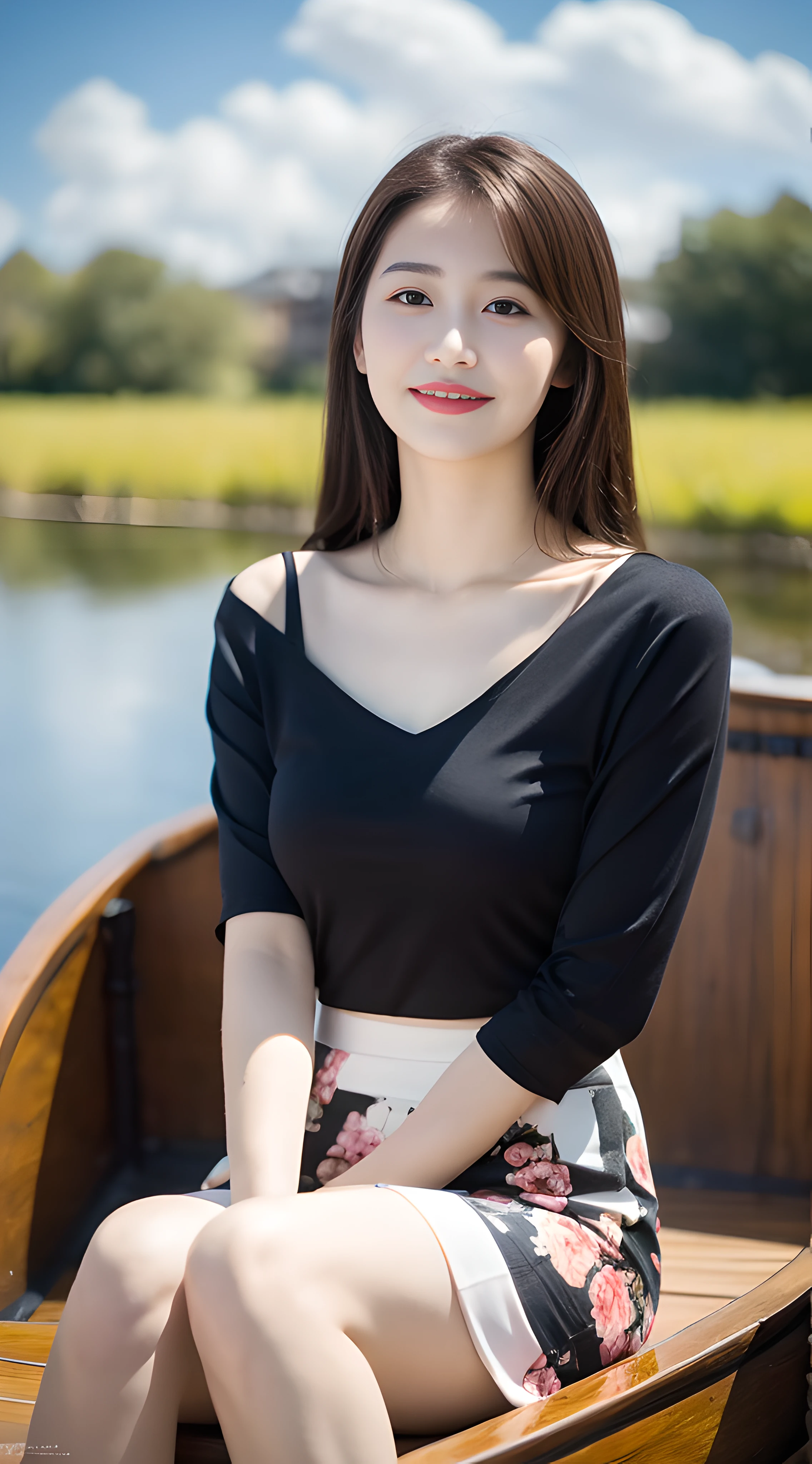((Best Quality, 8K, Masterpiece: 1.3)), Focus: 1.2, , Motorcycle Pilot, Perfect S-Shaped Body, (Firm Eyes) (Cute), Delicate Face, Long Hair Waist Length, Long Hair Flowing, Tilted Head, Smile, Hair Details, Delicate Full Body Portrayal, Delicate Face Portrayal, Best Image Quality, High Resolution, Detailed Background, Delicate Description, Exquisite Details, Rich Details, Face Enhancement, (Black Long Top, Floral Midi Skirt), Blue Sky and White Clouds, Lotus, Lotus Leaf, Sitting on a wooden boat, willow technique, lotus pond background, no eye bags under the eyes