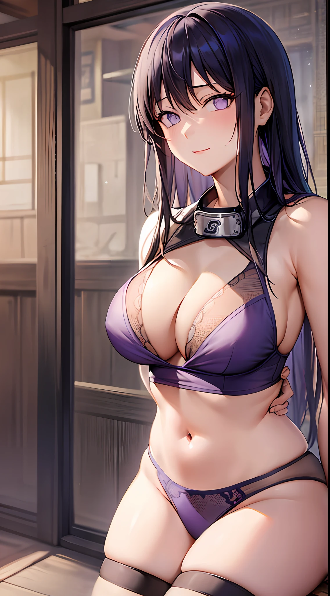 tmasterpiece， High- sharpness， high high quality， 详细的脸， detailed body render， 1girll， 独奏， hyuga hyuga， Hinata sleeveless clothing，big cleavage breasts，Lilac tight top， no brassiere， breasts out，Erotic panties，purpleish color，Purple fishnet socks