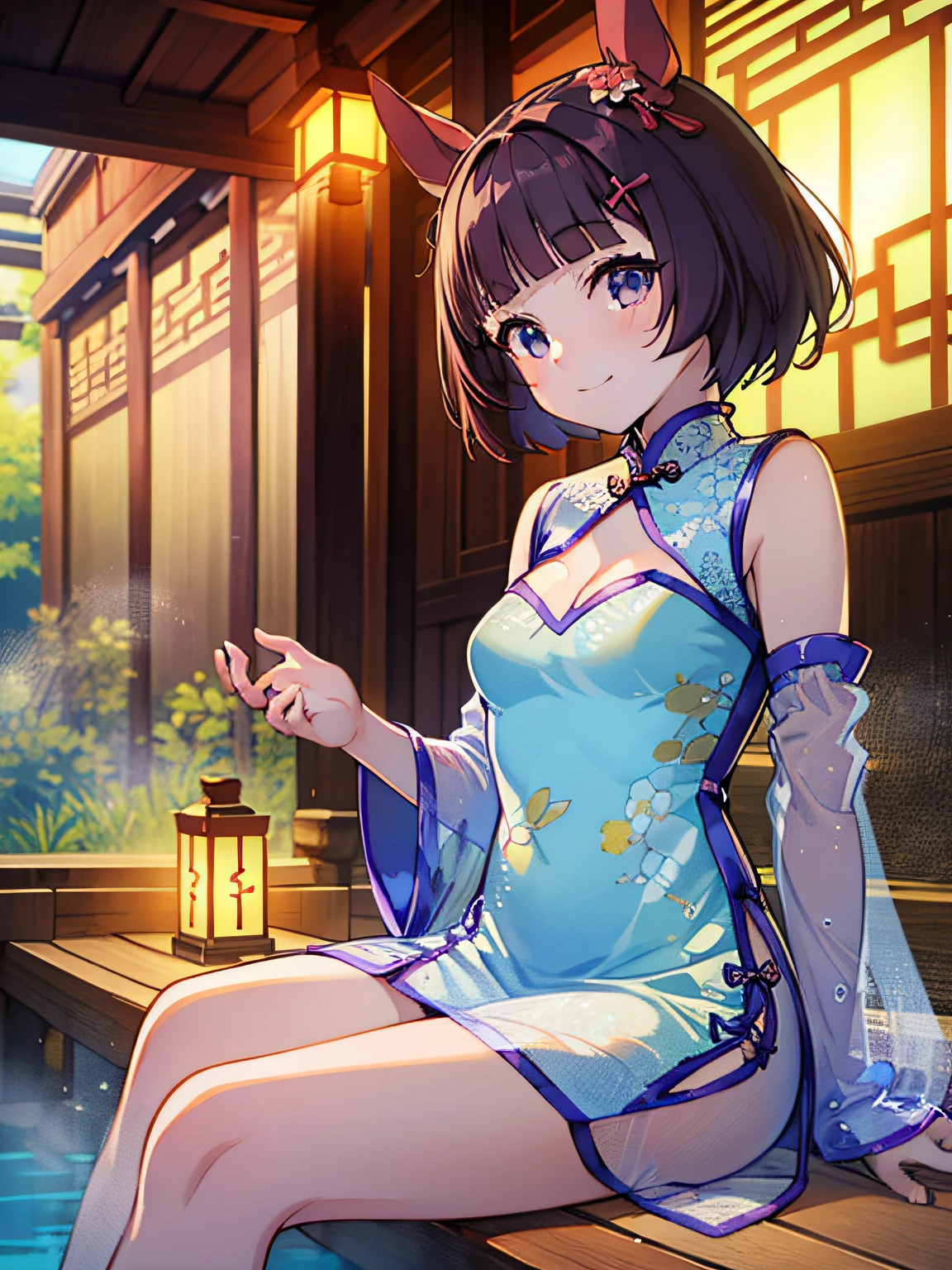 ​masterpiece、Top quality anime illustrations、ultra-detailliert、1 girl in、独奏、Anime 、((Light blue see-through cheongsam in light color))、((Short cheongsam))、((sleeve less))、nishino flower \(umamusume\)、A smile、Bare skin lateral chest、thigh focused、Cleavage emphasis、hot onsen