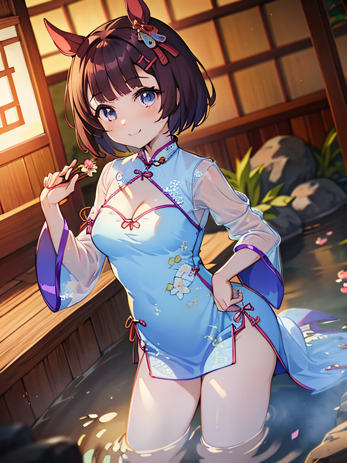 ​masterpiece、Top quality anime illustrations、ultra-detailliert、1 girl in、独奏、Anime ****、((Light blue see-through cheongsam in light color))、((Short cheongsam))、((sleeve less))、nishino flower \(umamusume\)、A smile、Bare skin lateral chest、thigh focused、Cleavage emphasis、hot onsen