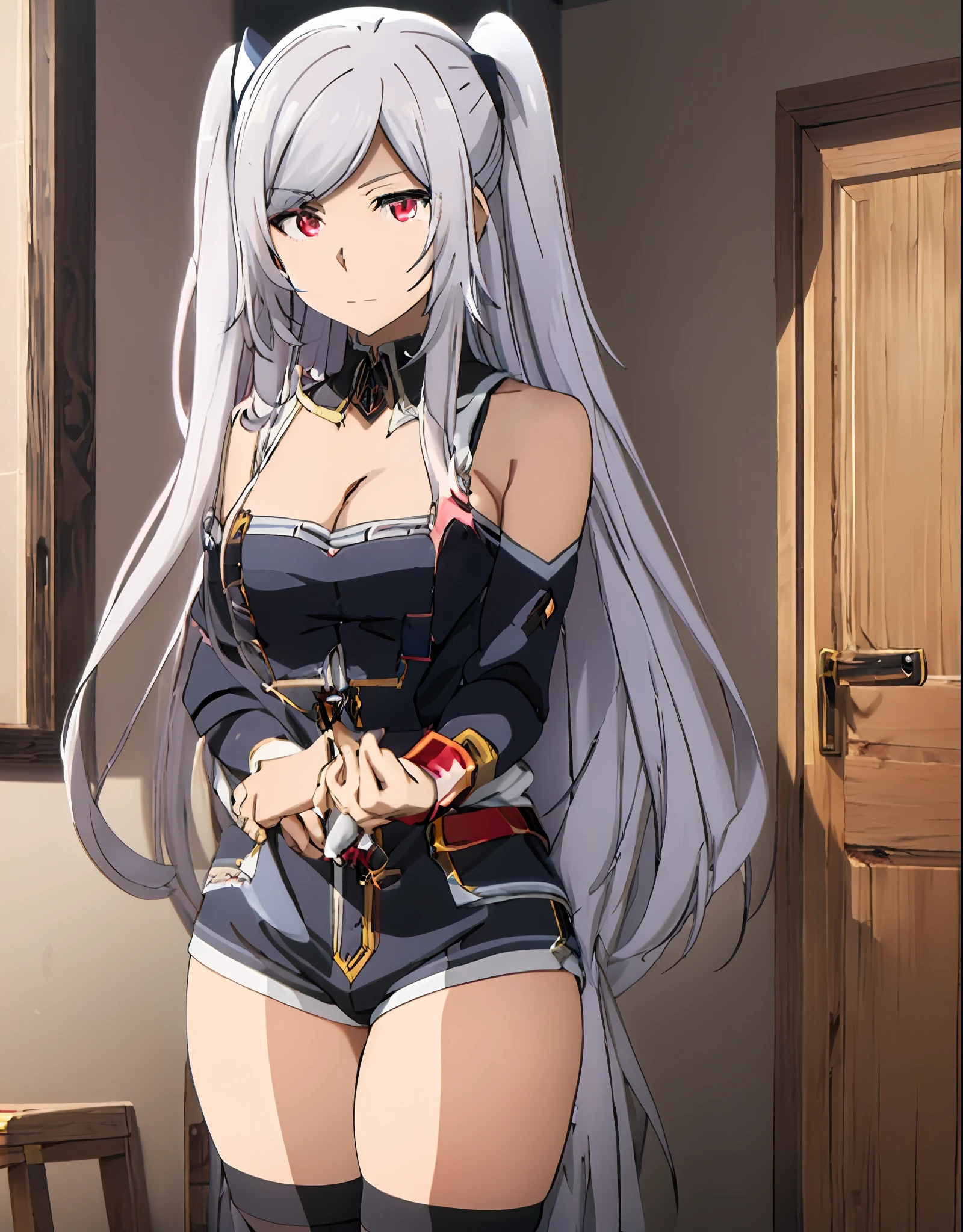 anime girl with long gray hair and black top posing in a room, seductive anime girl, attractive anime girl, perfect white haired girl, beautiful alluring anime teen, an anime girl, beautiful alluring anime woman, anime girl, beautiful anime girl, cute anime girl, small curvy loli, anime best girl, from girls frontline, pretty anime girl, female anime character