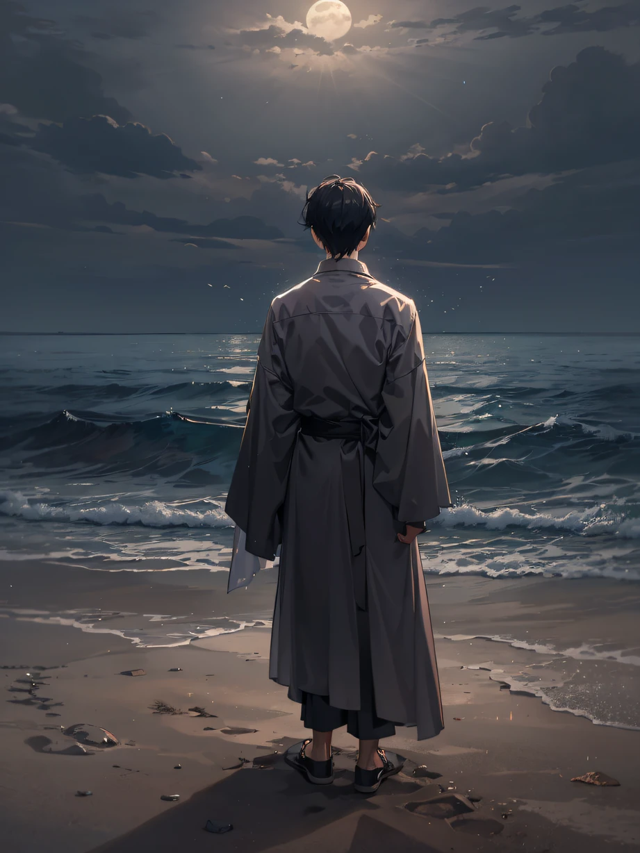 ，masterpiece, best quality，8k, ultra highres，On a deserted beach，As night fell，Moonlight shines on the rough sea。A young man stands alone on the beach，Looking at the sea and sky in the distance。A ripple of sadness flashed in his eyes，His hand held an unsent letter，It expresses his regret and longing for the loss of his lover。