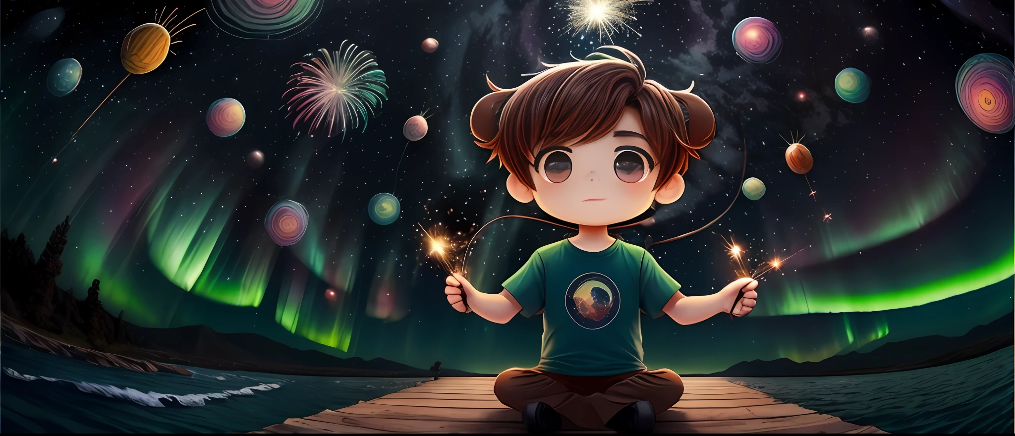 1camiseta do menino, aerial fireworks, astronauta, aurora, milky ways, festival, Chibi, Fisheyes, Primary works, qualidade superior, melhor qualidade, Arte Oficial, handsome and aesthetic, animification, 8k cru,