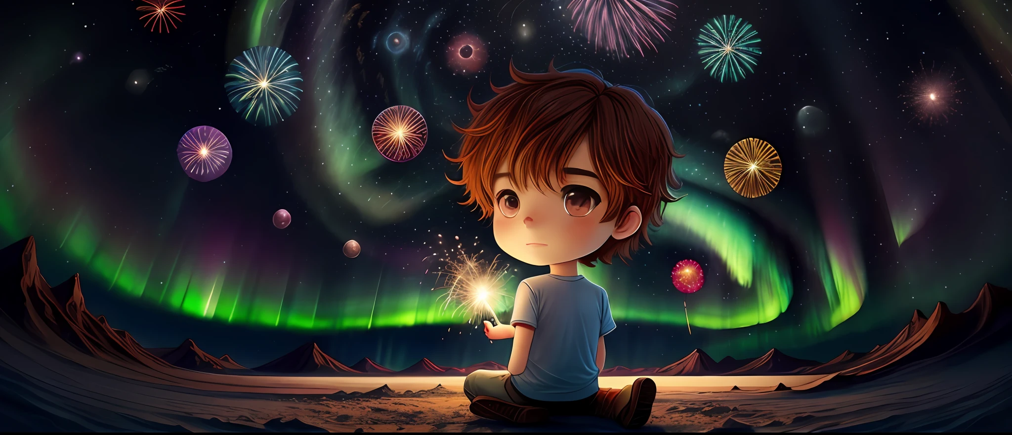 1camiseta do menino, aerial fireworks, astronauta, aurora, milky ways, festival, Chibi, Fisheyes, Primary works, qualidade superior, melhor qualidade, Arte Oficial, handsome and aesthetic, animification, 8k cru,