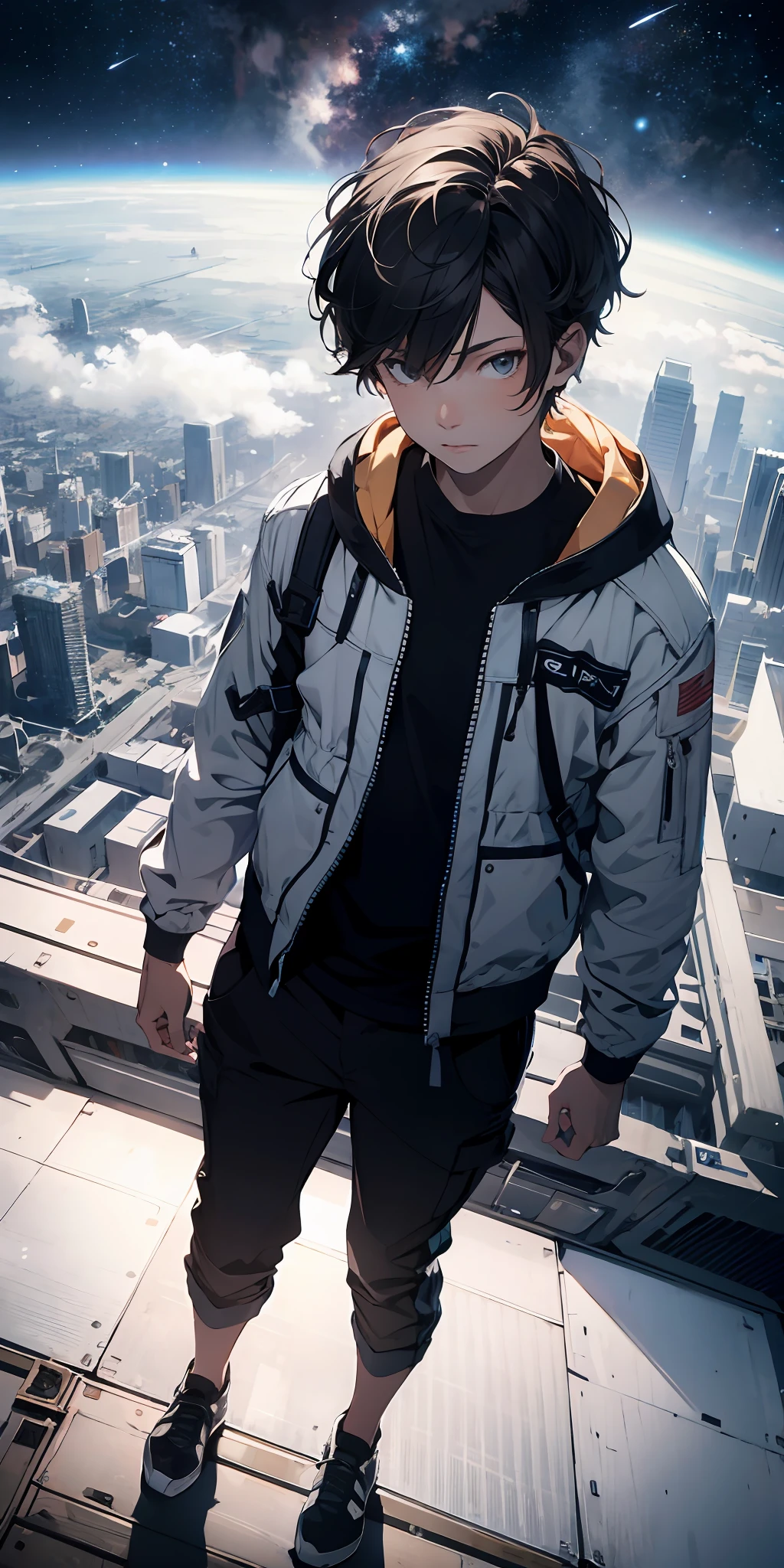 ridiculous resolution, high resolution, (masterpiece:1.4), super detailed, 1boy, seen from above, space, floating, --v 6