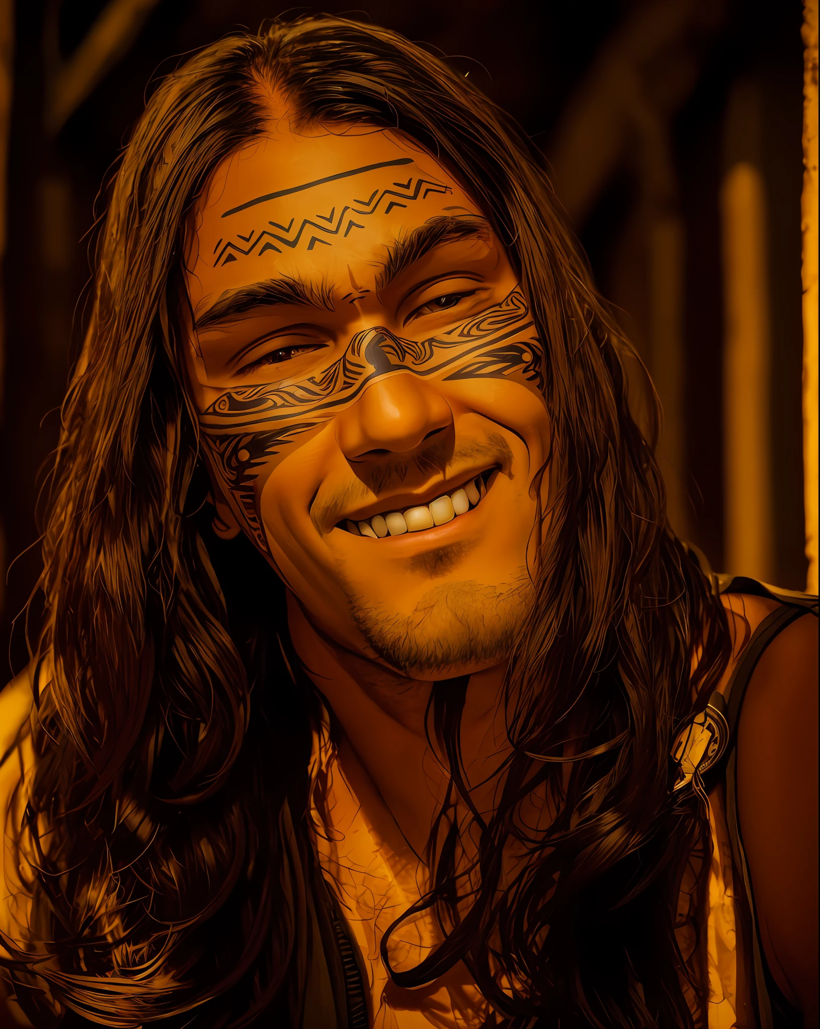 homem, nativo brasileiro, beleza, olhando para a camera, penas, cores, BRAZILIAN INDIGENOUS, fotografia estilo cinema --auto --s2