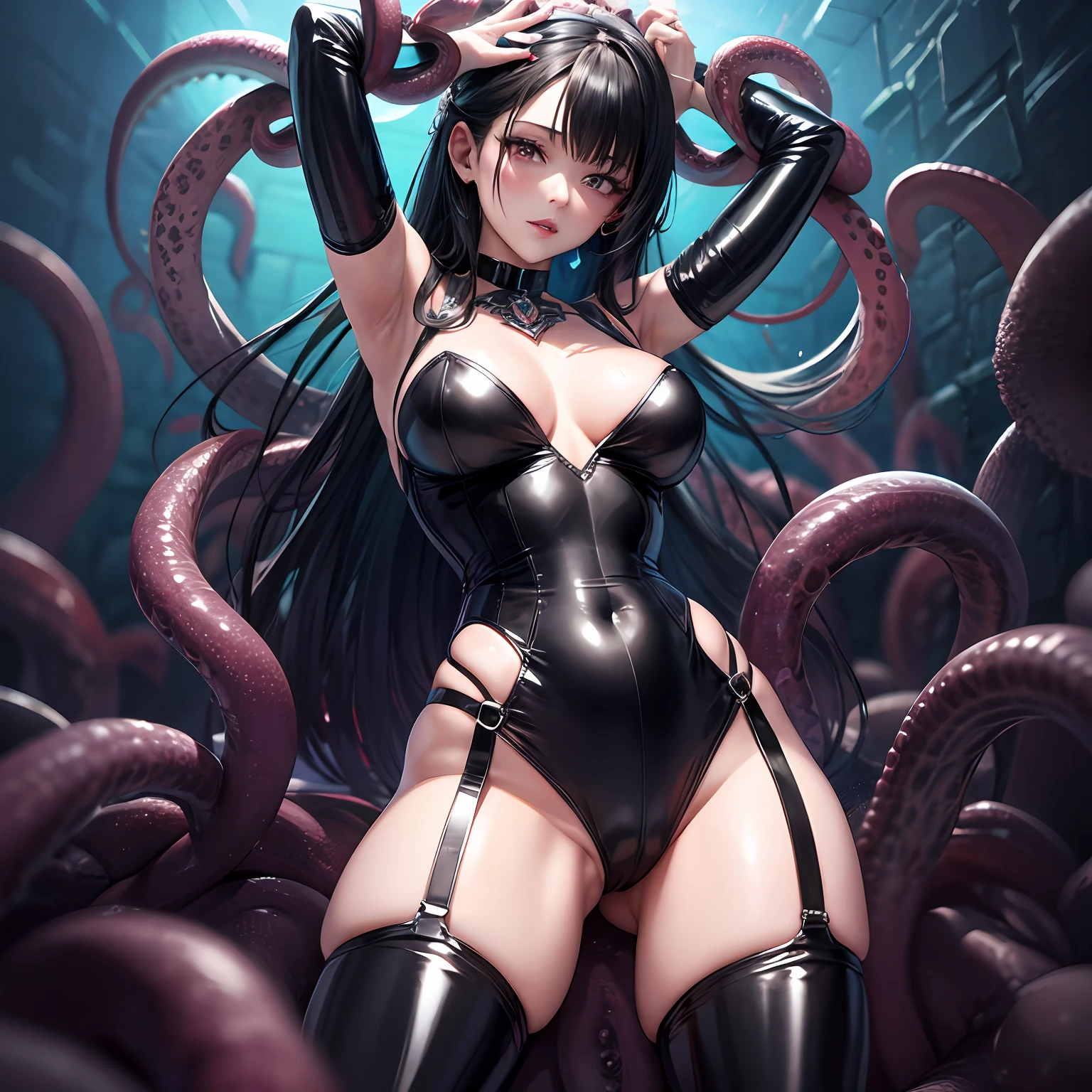 Anime - Style 3 woman posing in latex in a giant octopus hammock with fine details, 3 girls, extremely detailed art, Best quality, masterpiece, high detail, most realistic, HD, young woman, perfect figure, seductive anime girl, symmetrical full body rendering, full body, wlop glossy skin, cute and sexy, erotic pose, erotic expression, eyes up, pupils upturned, thick smooth warframe thighs, wearing purple tentacle suit, shot from behind, goth style, latex miniskirt, leather miniskirt, choker, leather, leather corsait, latex corsait, princess, noble, latex, bodysuit, stockings, corsait, makeup, lipstick, blue hair, hands behind backs, hands crossed behind backs, hands behind, hands in tentacles, hands covered with tentacles, Tentacles, wrapped in tentacles, covered with tentacles, gross tentacles, discusting tentacles, covered in slime, sweating, around the tentacles, some tentacles are touching her, tentacles, tentacle monsters, tentacles, slime, hybridization, mating, snapping, eighteen forbidden, damp black translucent mucus, squirming tentacles, , sucking tentacle, sucks octopus tentacle, --auto --s2