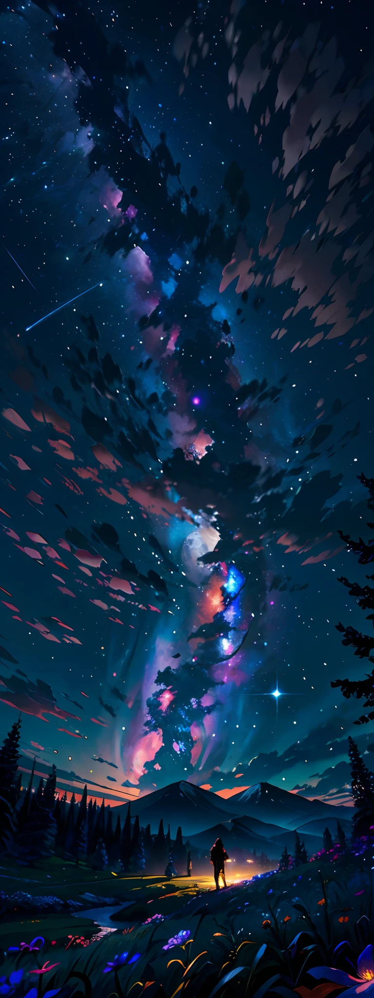 Expansive landscape photograph, (view from below with a view of the sky and the wilderness below), little girl standing in a flower field looking up, (full moon: 1.2), (shooting star: 0.9), (nebula: 1.3), distant mountain, tree break production art, (warm light source: 1.2), (firefly: 1.2), lamp, purple and orange, intricate detail, volume lighting BREAK (masterpiece: 1.2), (highest quality ), 4k, ultra-detailed, (dynamic configuration: 1.4), highly detailed and colorful details (iridescent: 1.2), (sparkling lighting, atmospheric lighting), dreamy, magical, (solo: 1.2)