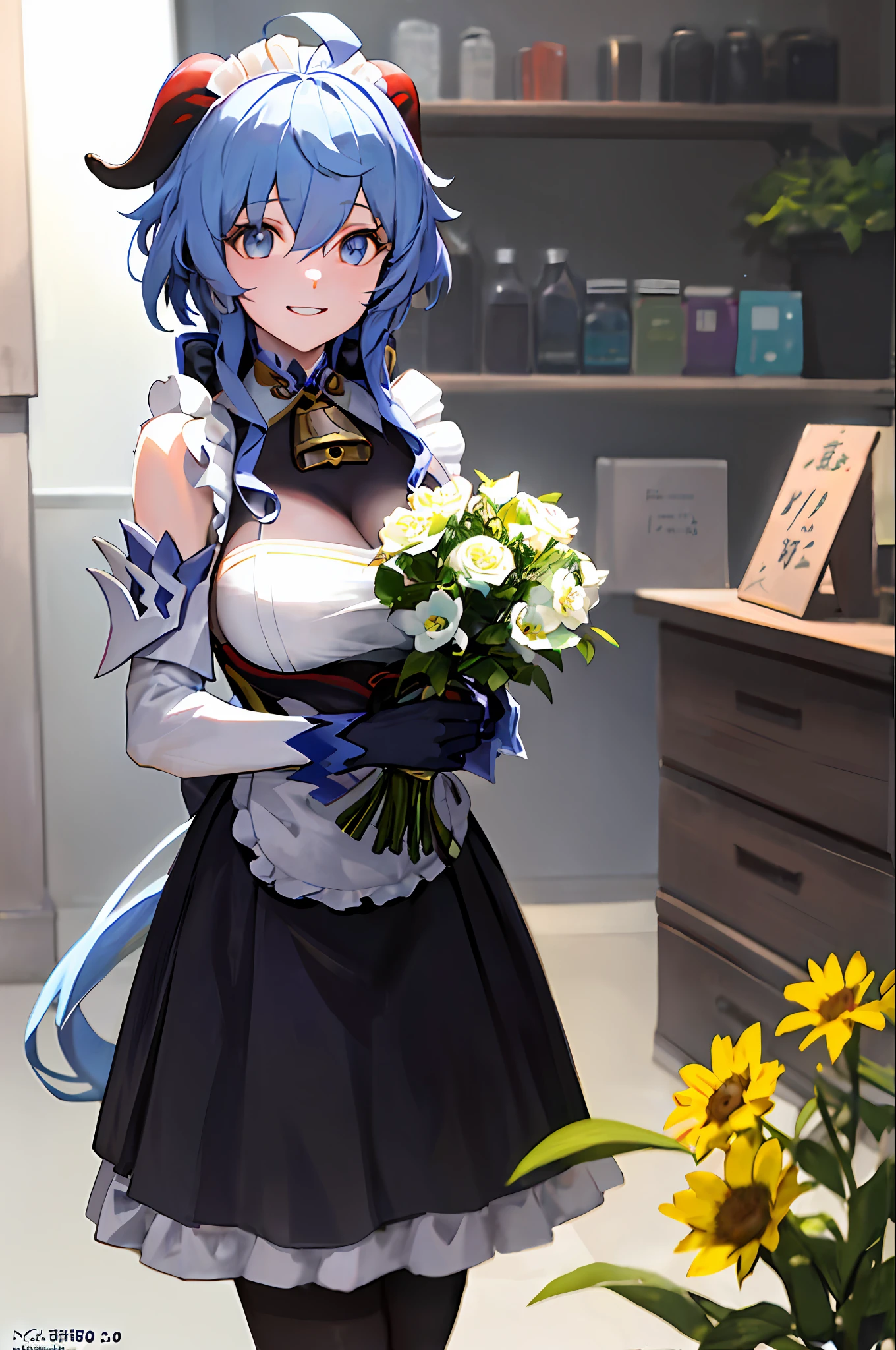 (Highest image quality),(A masterpiece),(Super meticulous),(Eye detail description:1.0),(lens flare glow:1.0),(filmposter:1.0),(Tarot border:1.0),The portrait is centered,(closeup cleavage:1.0),(Negative space:0.8),(Negative space:1.6),(独奏),(Photorealistic:1.4), (Masterpiece, side-lighting, fine detailed beautiful eyes: 1.2), Masterpiece*Portrait, Realistic, 3D face, Ganyu \(Genshin Impact\), 1girll, ahoge, architecture, By bangs,Bare shoulders,bell,black glove,Black tights,(blue hair),Blushlush,Beautiful breasts,Chinese knot,the sleeve,flower knot,mitts,cow horn,long whitr hair,middlebreast,Neckbells,the maid outfit:2.0,maid costume:2.0,happy laughing,Squinted eyes,gentleness,extremely shy:2.0,Be red in the face:2.0,Flowers,Admire the flowers,Flowers,Bright flowers,Rejoice,exhilarated,Holding flowers in hand,Smell the flowers,Not for the audience,having fun:2.0,grin:2.0,Face the bouquet,Shopping at the supermarket,Hold your arm,Shopping,